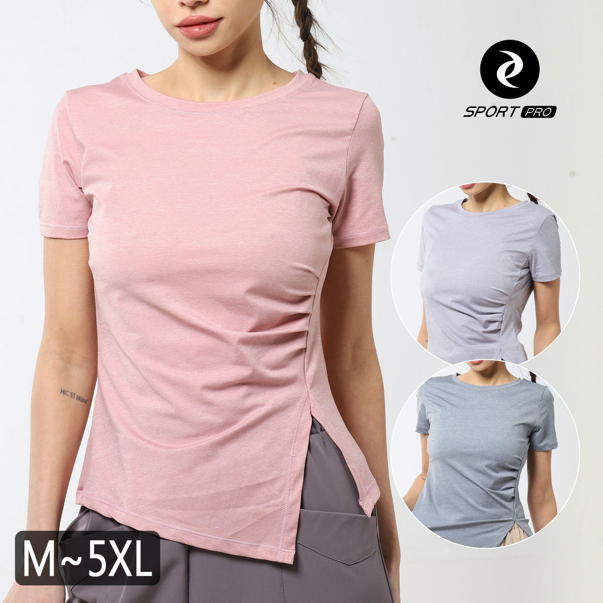 修身抓皺側開岔瑜珈/運動/機能短袖*