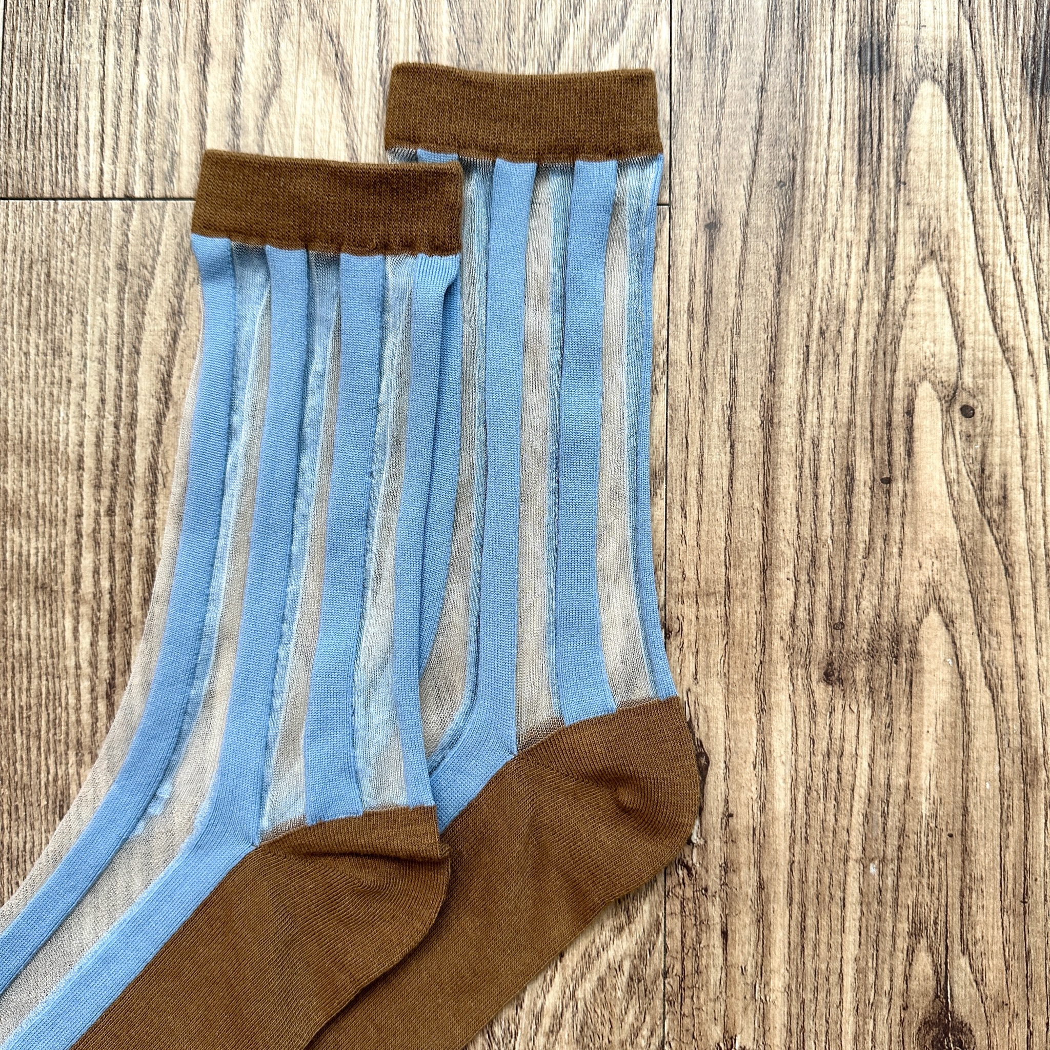 啡藍色條紋透視襪