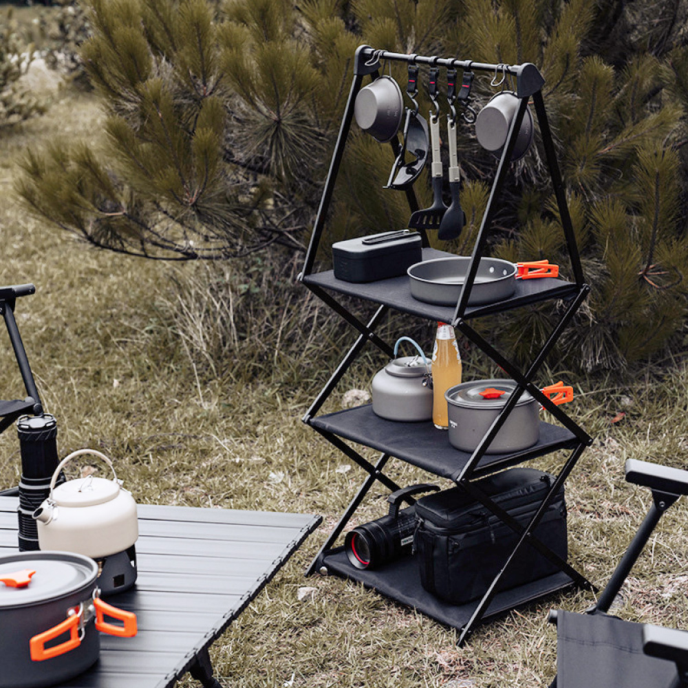 #【元氣熊】鋁合金可摺疊三層置物架 /附4入掛勾+收納袋