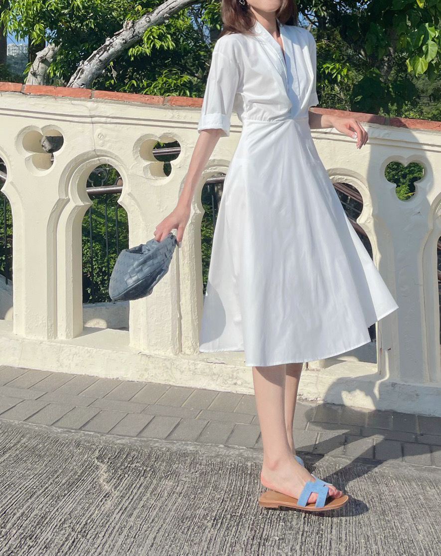 Short Sleeve Shirt Flared Midi Dress_DS237L002