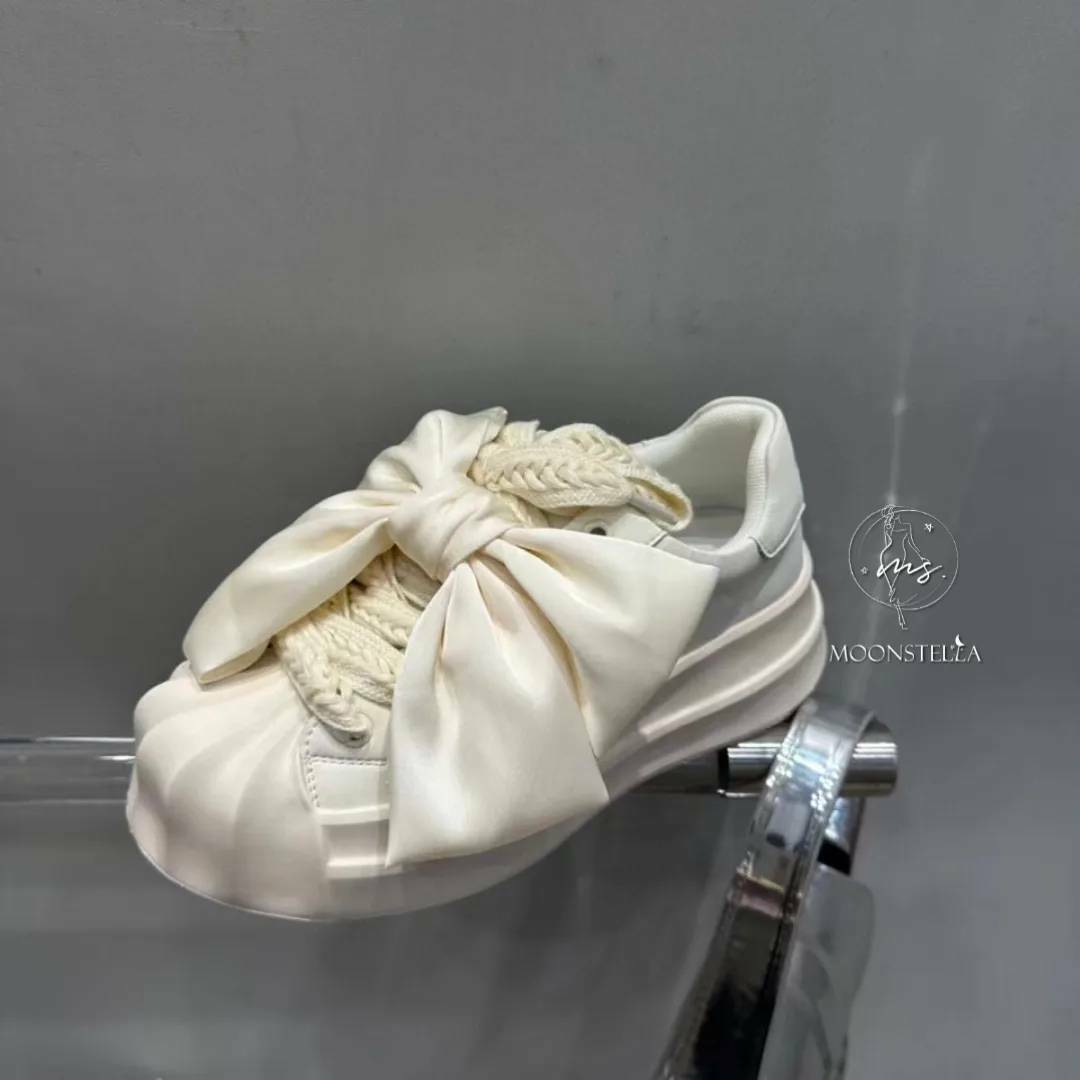 絲綢貝殼頭蝴蝶結真皮小白鞋