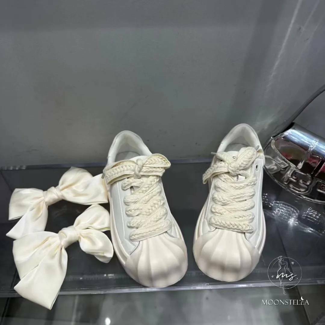 絲綢貝殼頭蝴蝶結真皮小白鞋