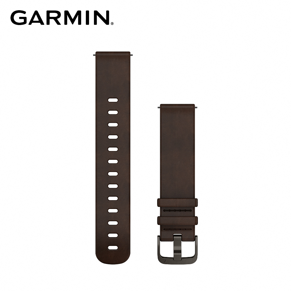 【GARMIN】Quick Release (20mm) 咖啡色皮革錶帶暨灰色錶扣