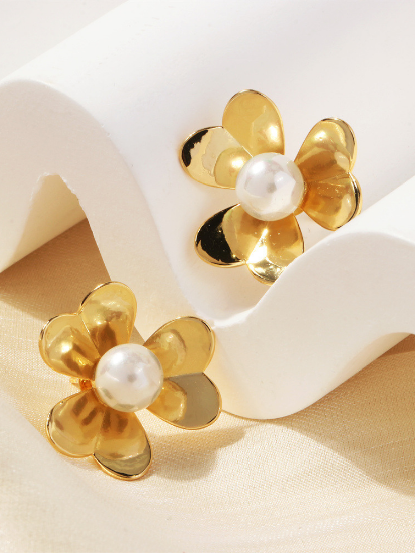 金色小花朵珍珠耳環 (可改耳夾)