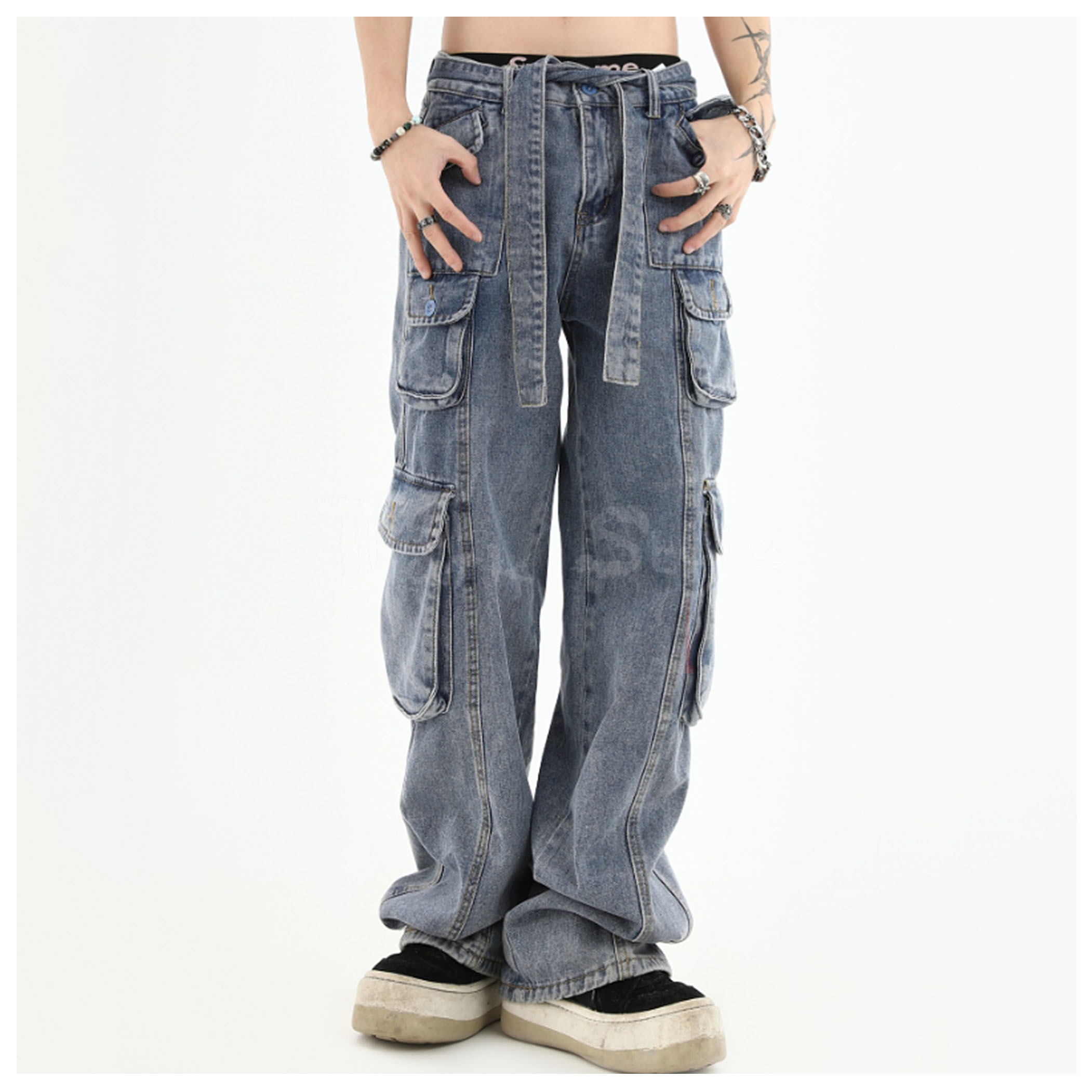 悠- 情侶多口袋寬鬆直筒牛仔褲 (附腰帶)