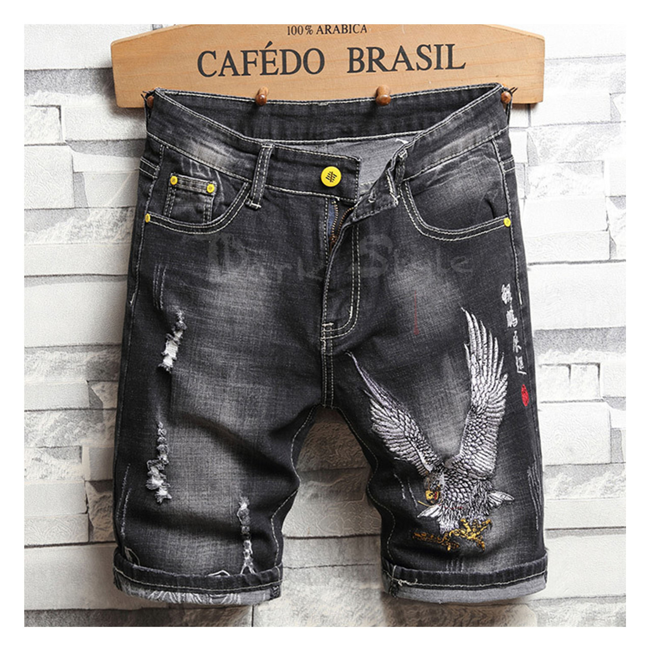 原靈-鵬刺繡破壞牛仔短褲 (暗黑薄款)