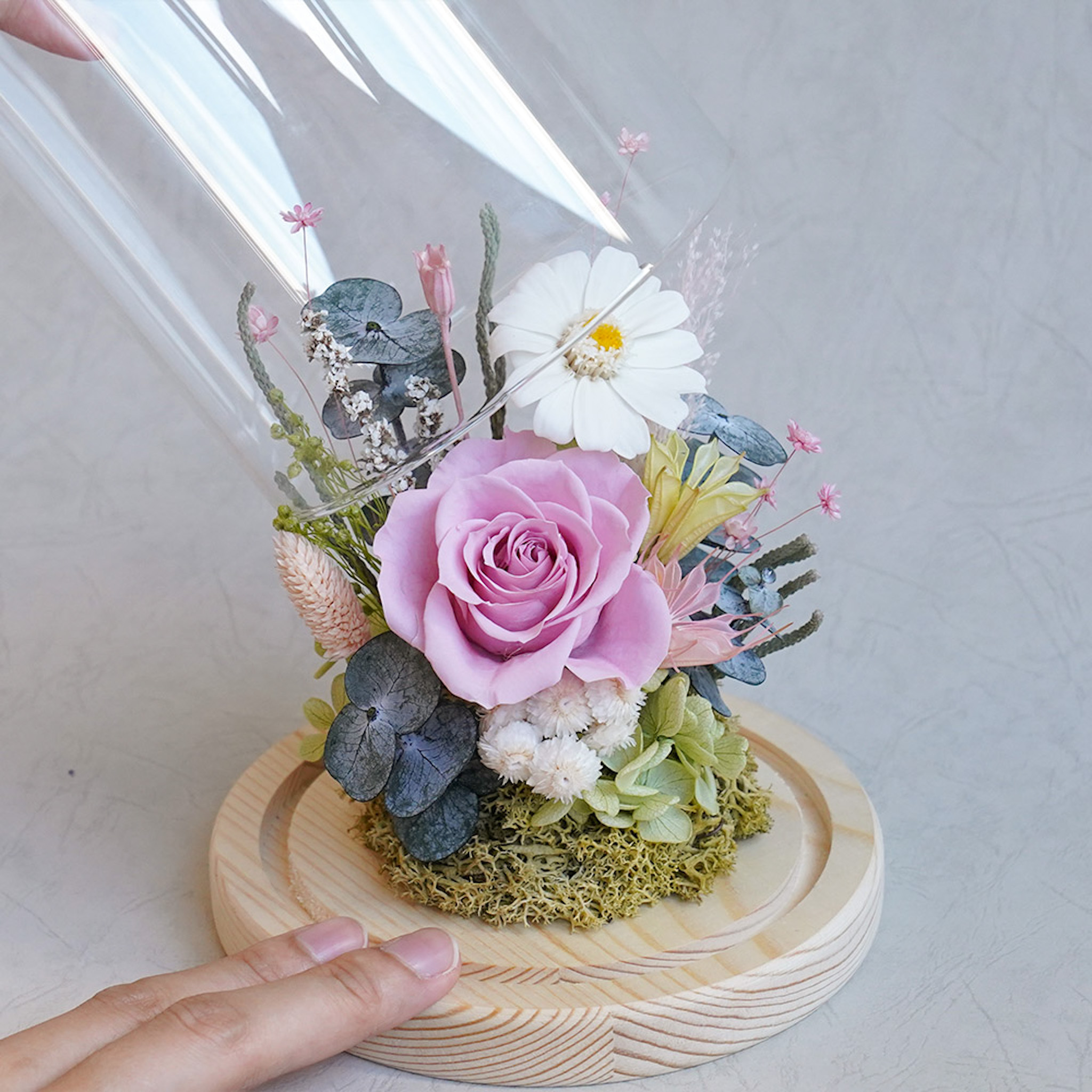 粉玫瑰永生花玻璃罩,太陽花永生花奶茶色玫瑰花,粉玫瑰花玻璃罩推薦,台北喜歡生活乾燥花店,代客送花服務,粉玫瑰花特寫