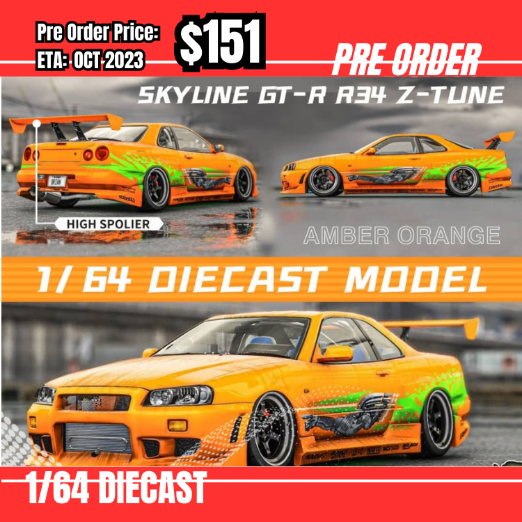PO-$151 * Fast Speed* 1:64 Skyline GT-R R34 Z-Tune High Wing Amber Orange [01/08]