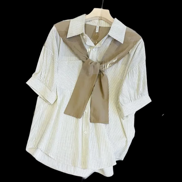Polo collar striped shawl short-sleeved shirt