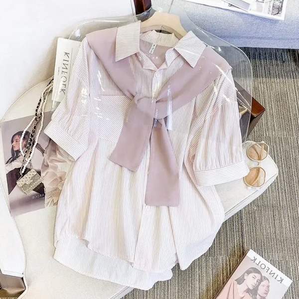 Polo collar striped shawl short-sleeved shirt