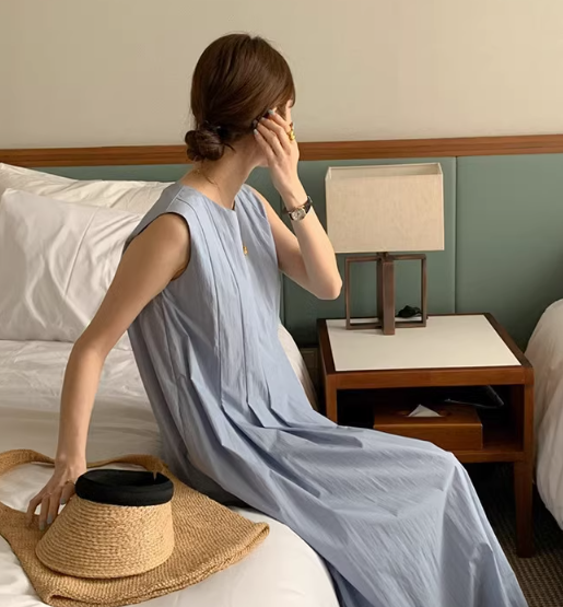 LYS- 優雅氣質素色收腰長洋裝 (三色)