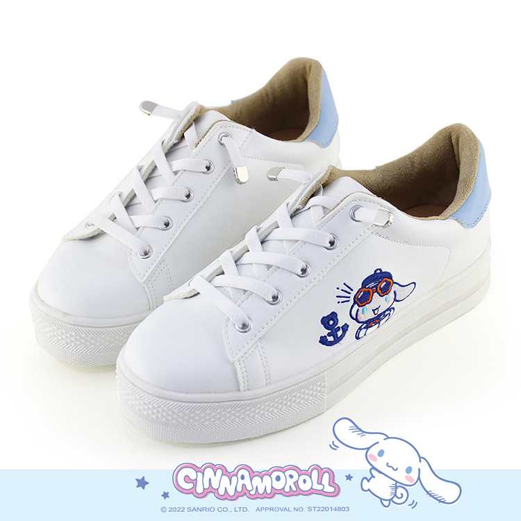 Paidal x Cinnamoroll 大耳狗喜拿 海軍水手免綁帶跳色皮感厚底休閒鞋不彎腰鞋-小白鞋