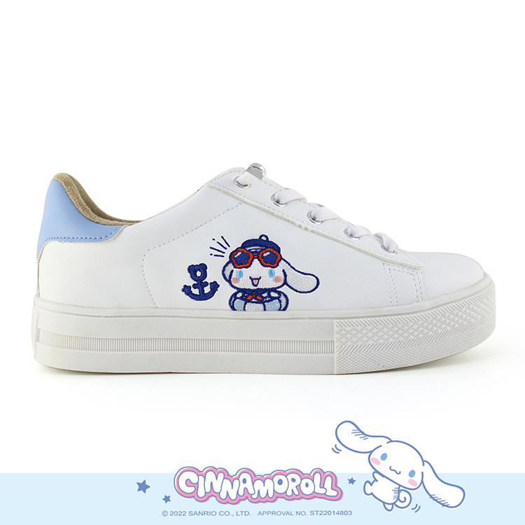 Paidal x Cinnamoroll 大耳狗喜拿 海軍水手免綁帶跳色皮感厚底休閒鞋不彎腰鞋-小白鞋