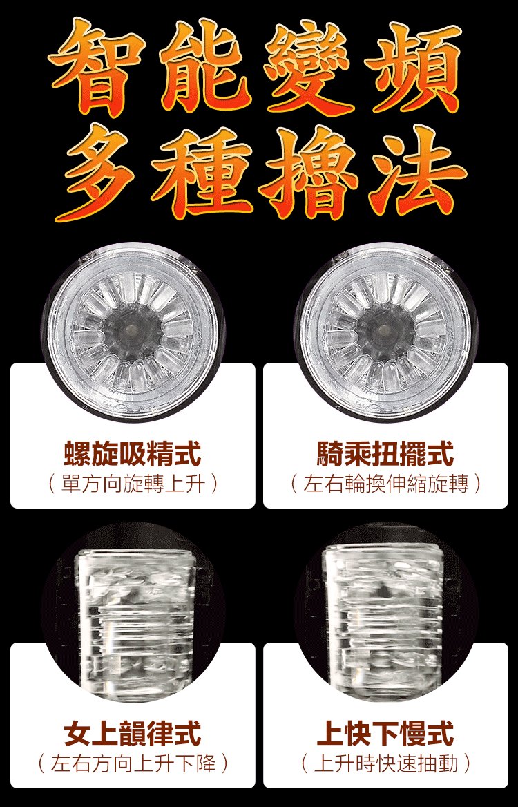 智能變頻多種法螺旋吸精式(單方向旋轉上升 騎乘扭擺式(左右輪換伸縮旋轉)女上韻律式( 左右方向上升下降 )上快下慢式(上升時快速抽動)