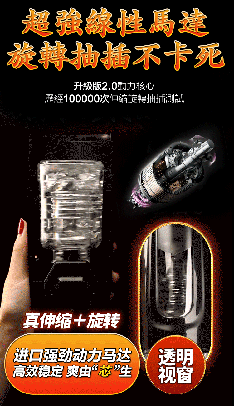 超強線性馬達旋轉抽插不卡死升級版2.0動力核心歷經100000次伸縮旋轉抽插測試真伸缩+旋转进口强劲动力马达高效稳定 爽由“芯”生透明视窗