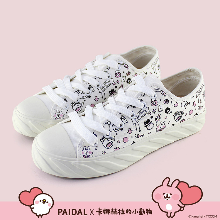 Paidal x 卡娜赫拉的小動物 愛麗絲系列滿版棉花糖綁帶餅乾鞋-小白鞋