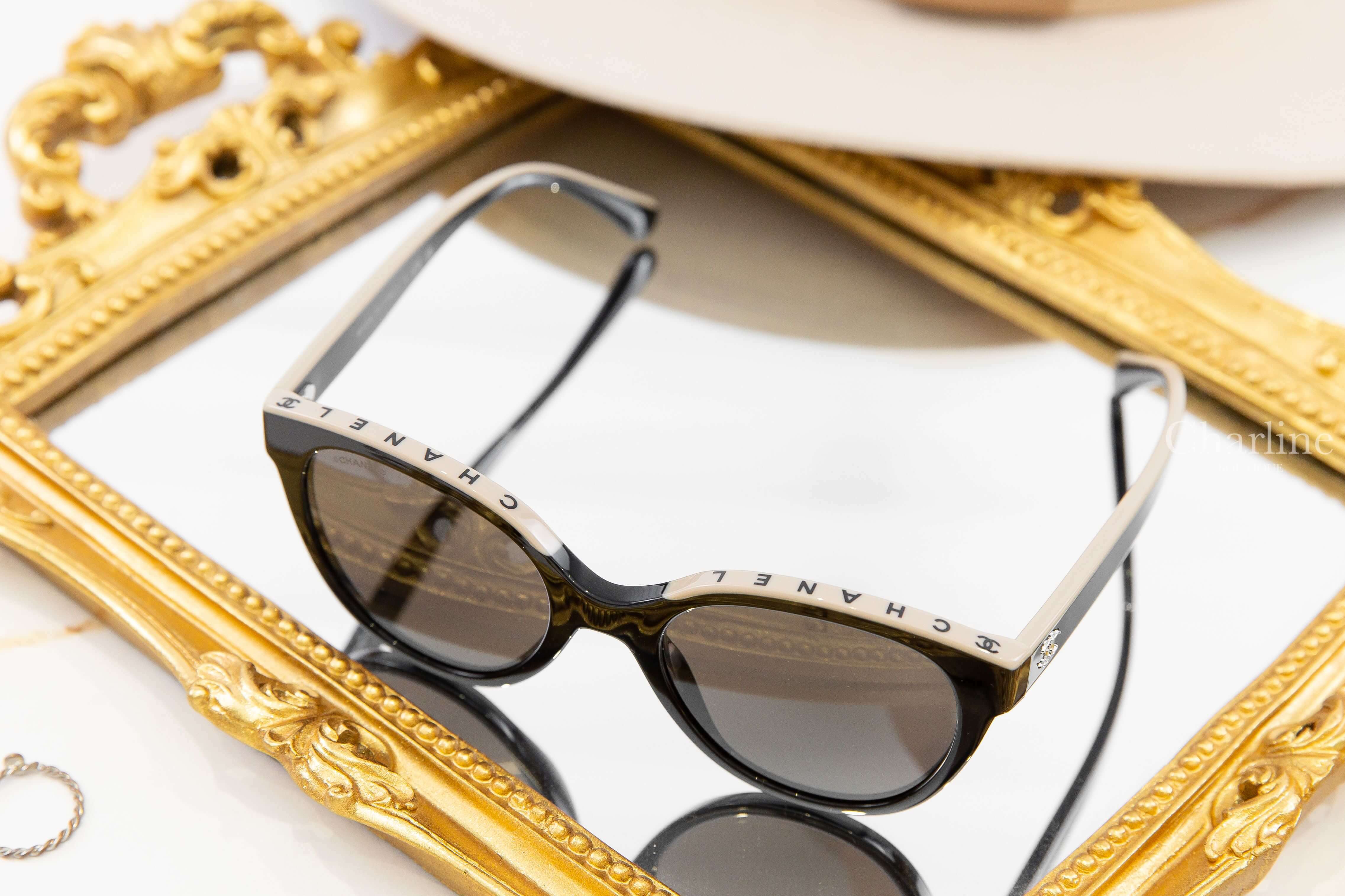 Chanel Butterfly Sunglasses 黑色拼裸底黑字蝴蝶型咖啡色鏡片銀CC太陽眼鏡-Charline Boutique 精品代購