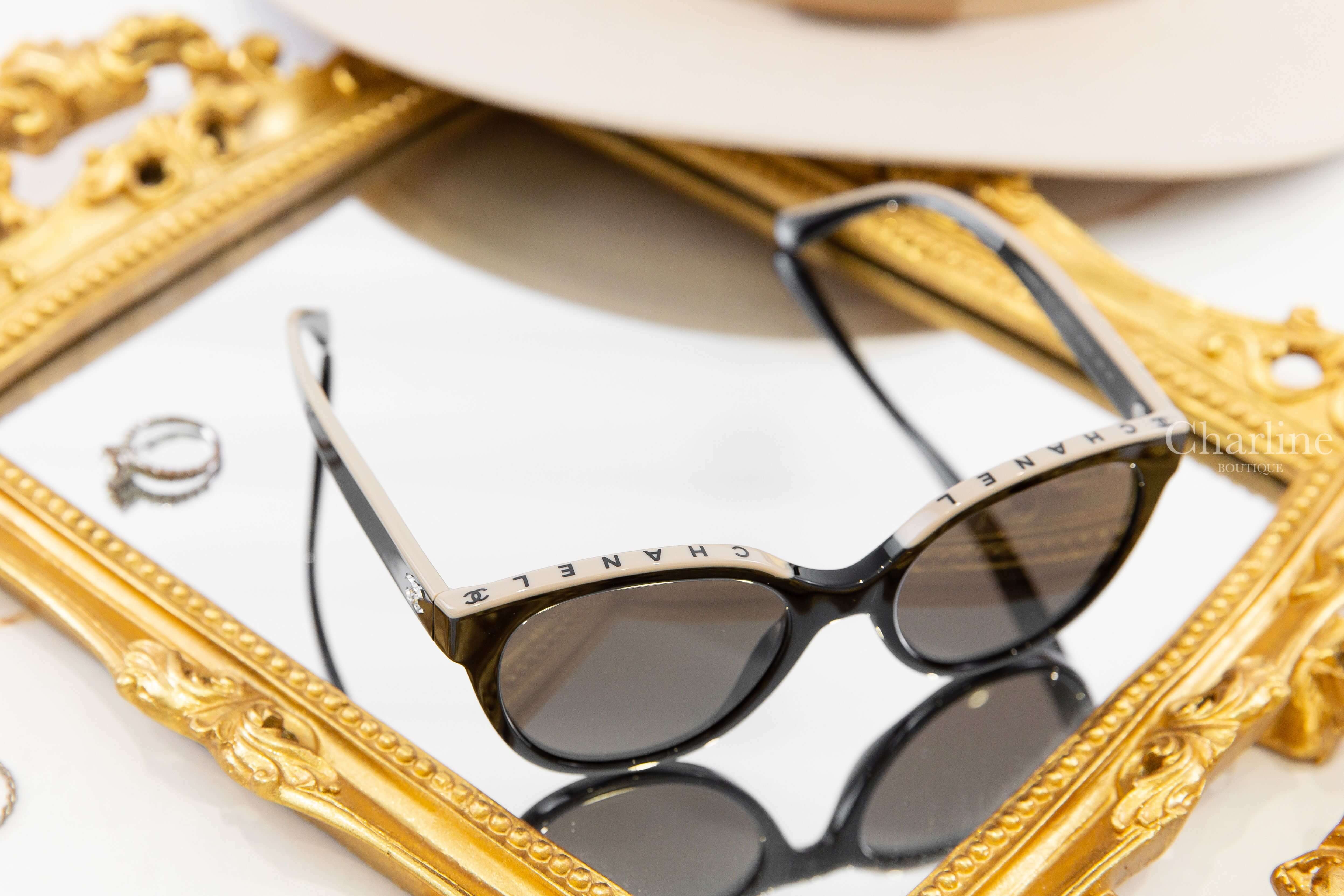 Chanel Butterfly Sunglasses 黑色拼裸底黑字蝴蝶型咖啡色鏡片銀CC太陽眼鏡-Charline Boutique 精品代購
