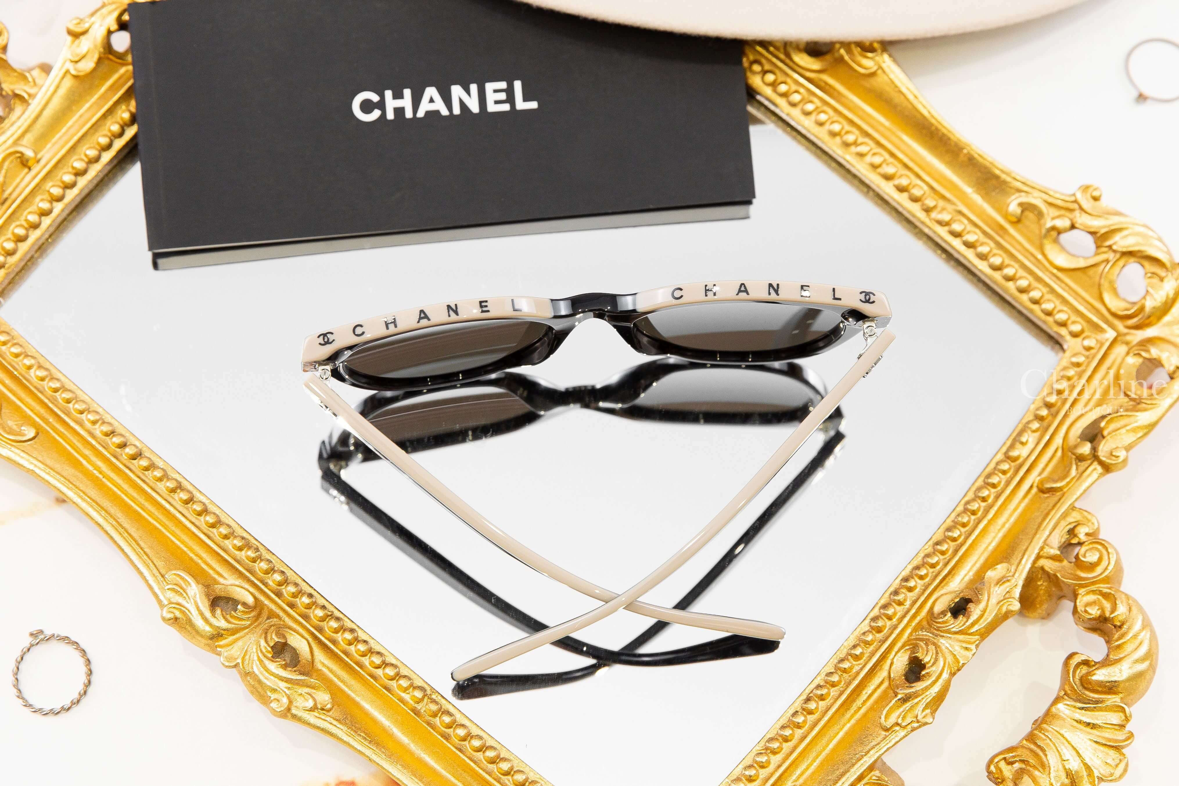 Chanel Butterfly Sunglasses 黑色拼裸底黑字蝴蝶型咖啡色鏡片銀CC太陽眼鏡-Charline Boutique 精品代購