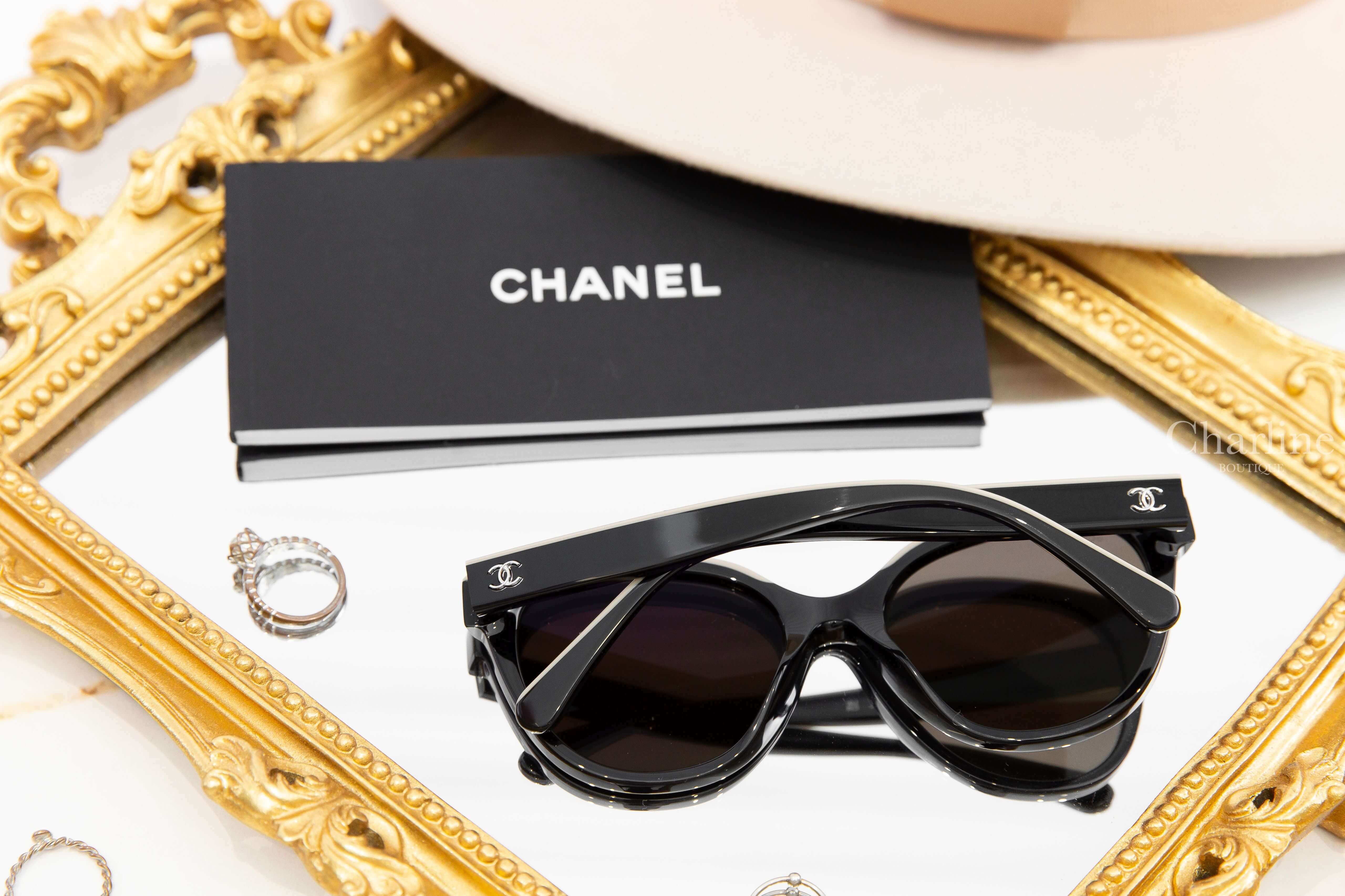 Chanel Butterfly Sunglasses 黑色拼裸底黑字蝴蝶型咖啡色鏡片銀CC太陽眼鏡-Charline Boutique 精品代購
