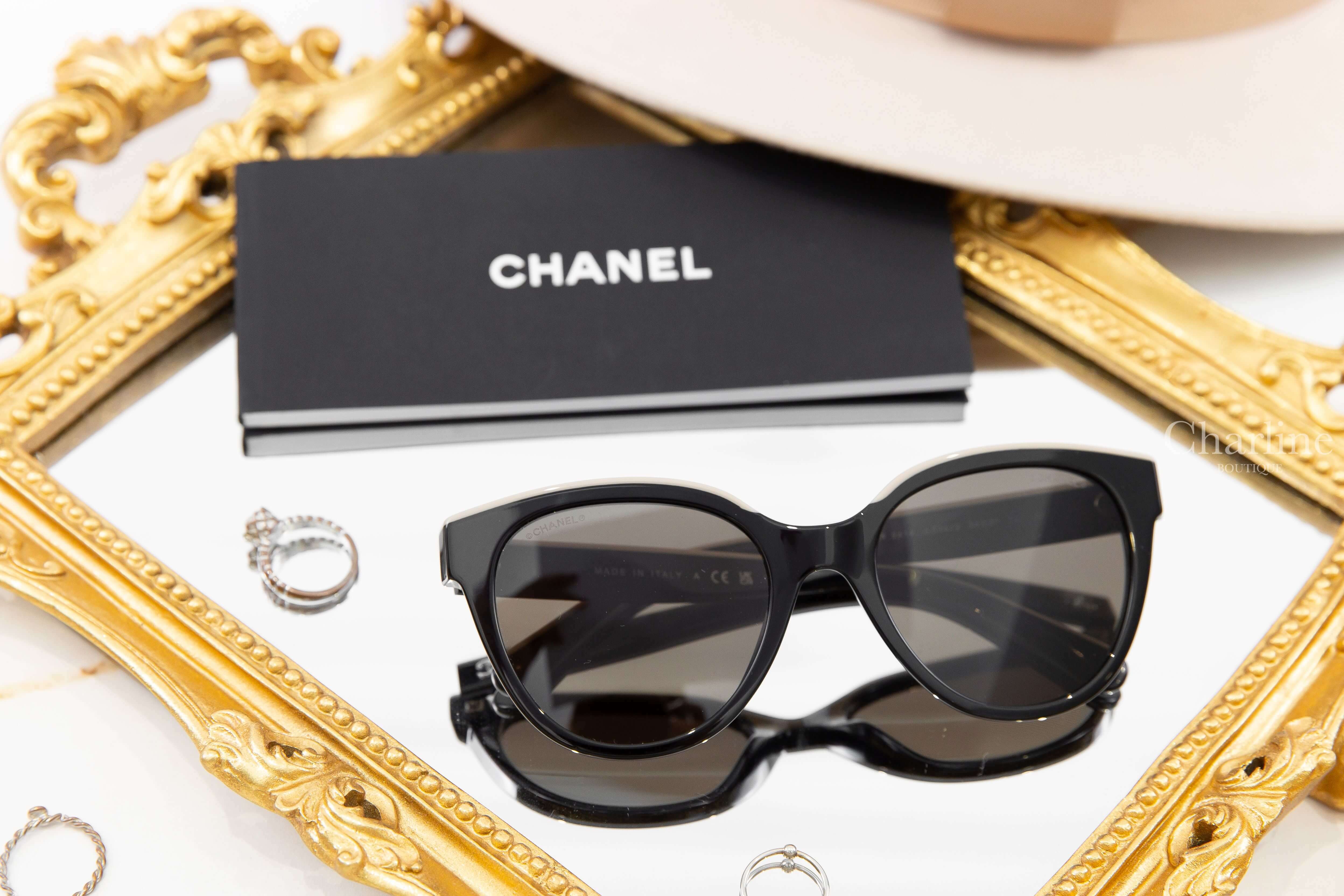Chanel Butterfly Sunglasses 黑色拼裸底黑字蝴蝶型咖啡色鏡片銀CC太陽眼鏡-Charline Boutique 精品代購