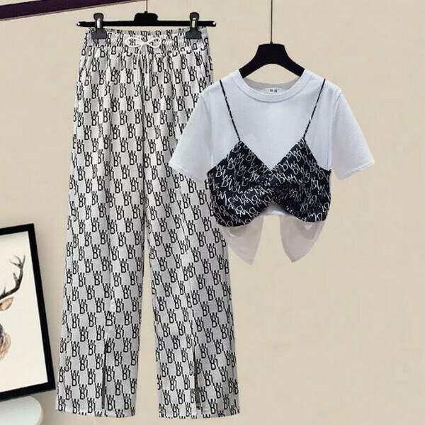 Round neck short-sleeved top + casual wide-leg pants