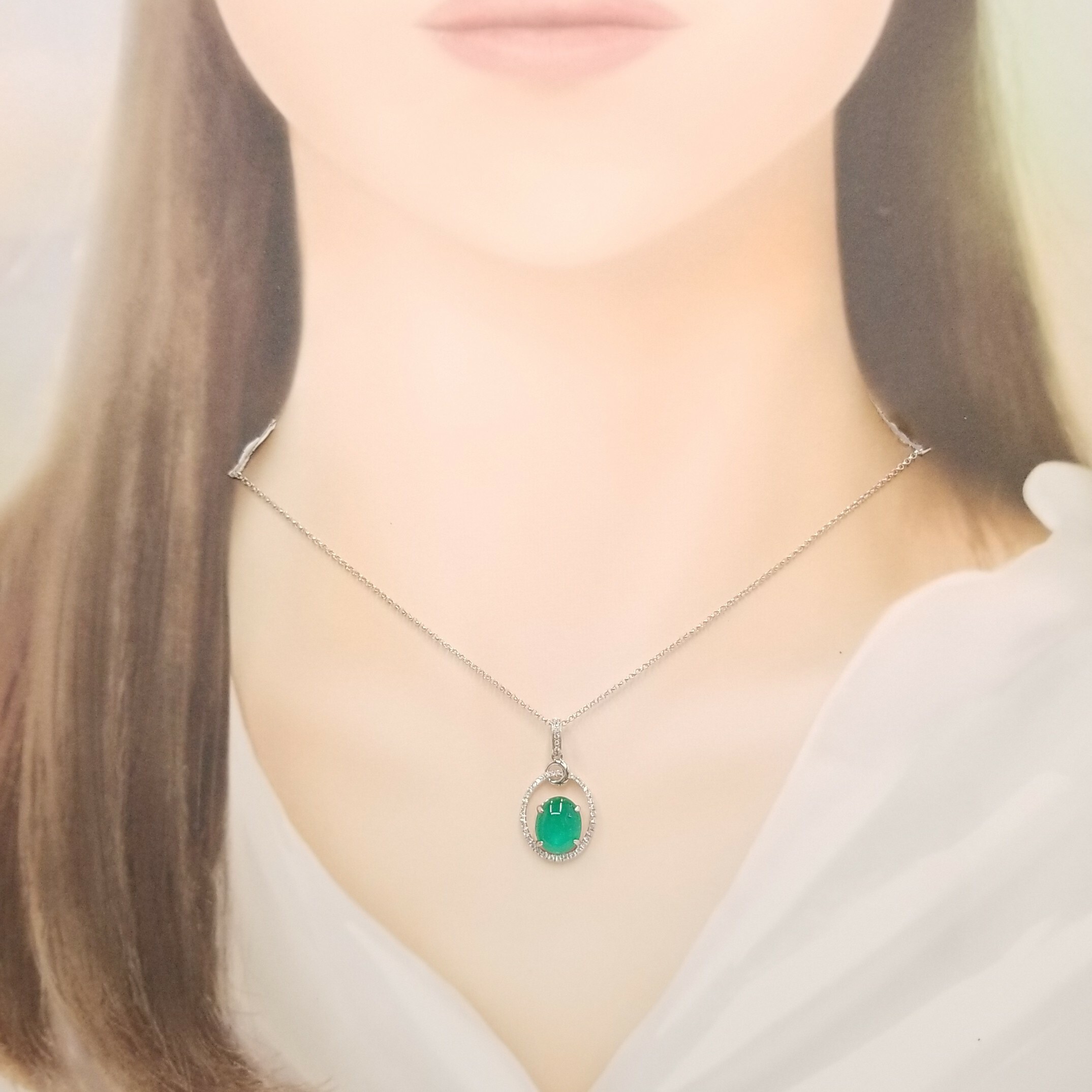 18K White Gold 2.09ct Emerald and Diamond Pendant