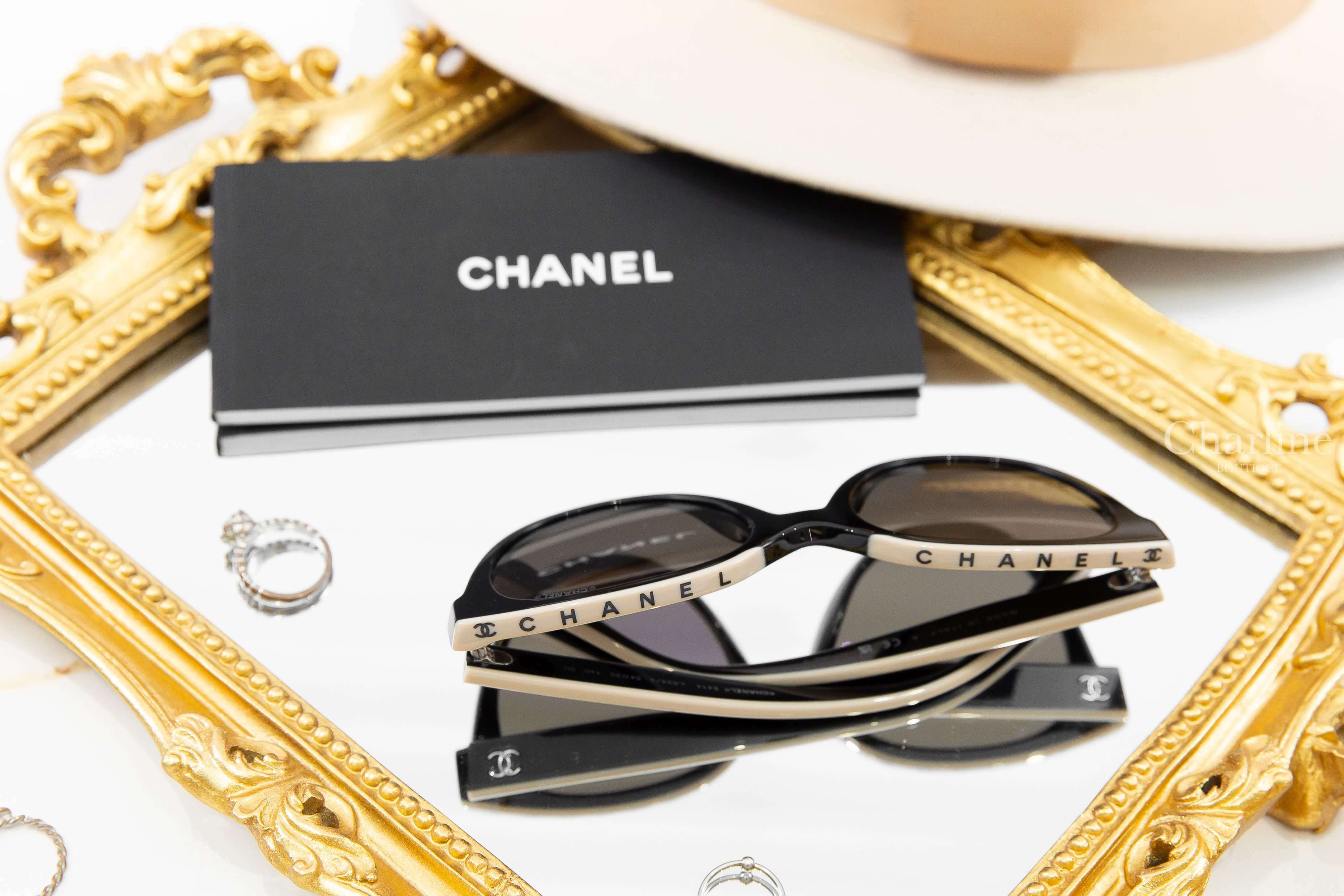 Chanel Butterfly Sunglasses 黑色拼裸底黑字蝴蝶型咖啡色鏡片銀CC太陽眼鏡-Charline Boutique 精品代購