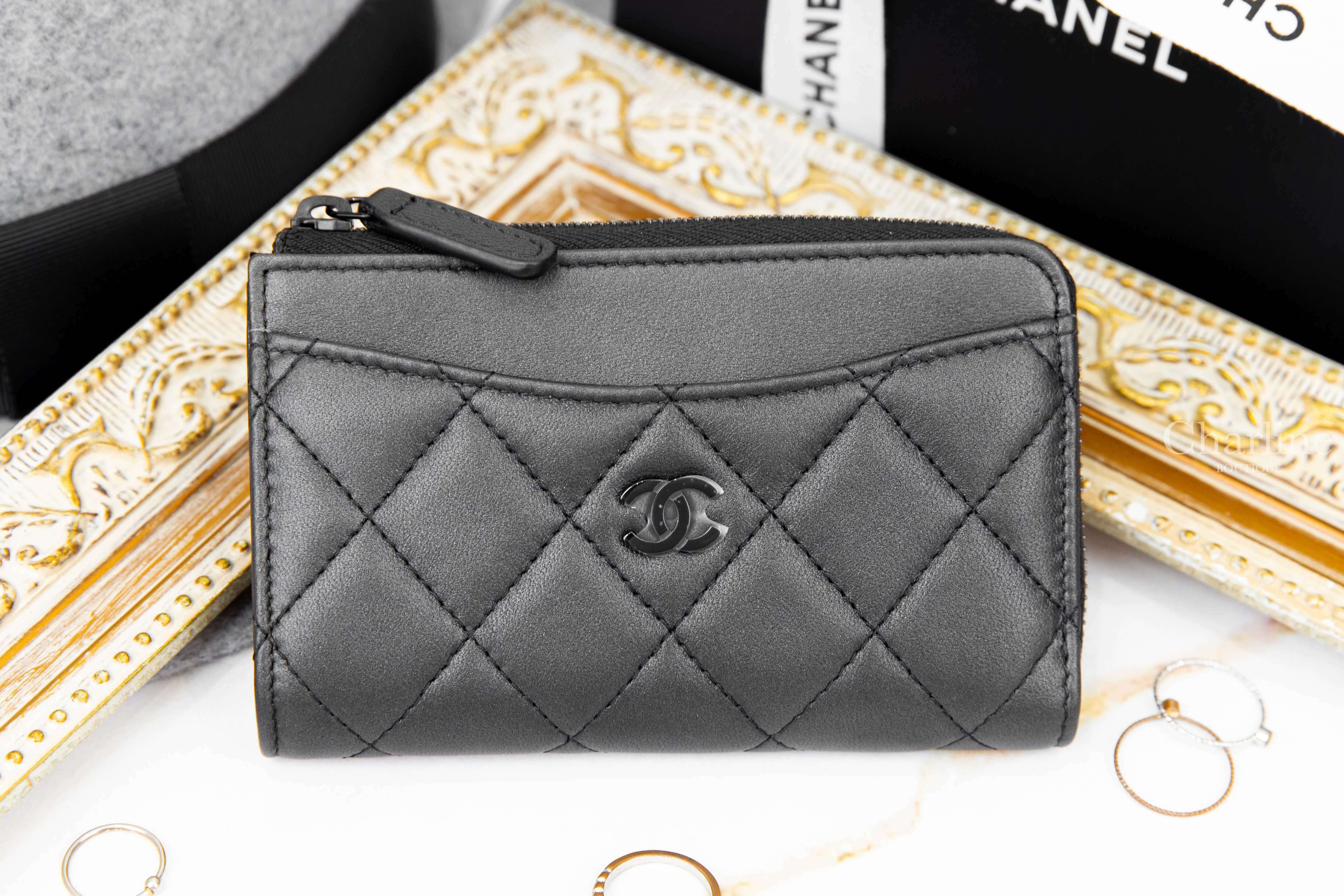 Chanel Card Holder 黑色黑CC菱格紋小羊皮卡片拉鍊零錢夾