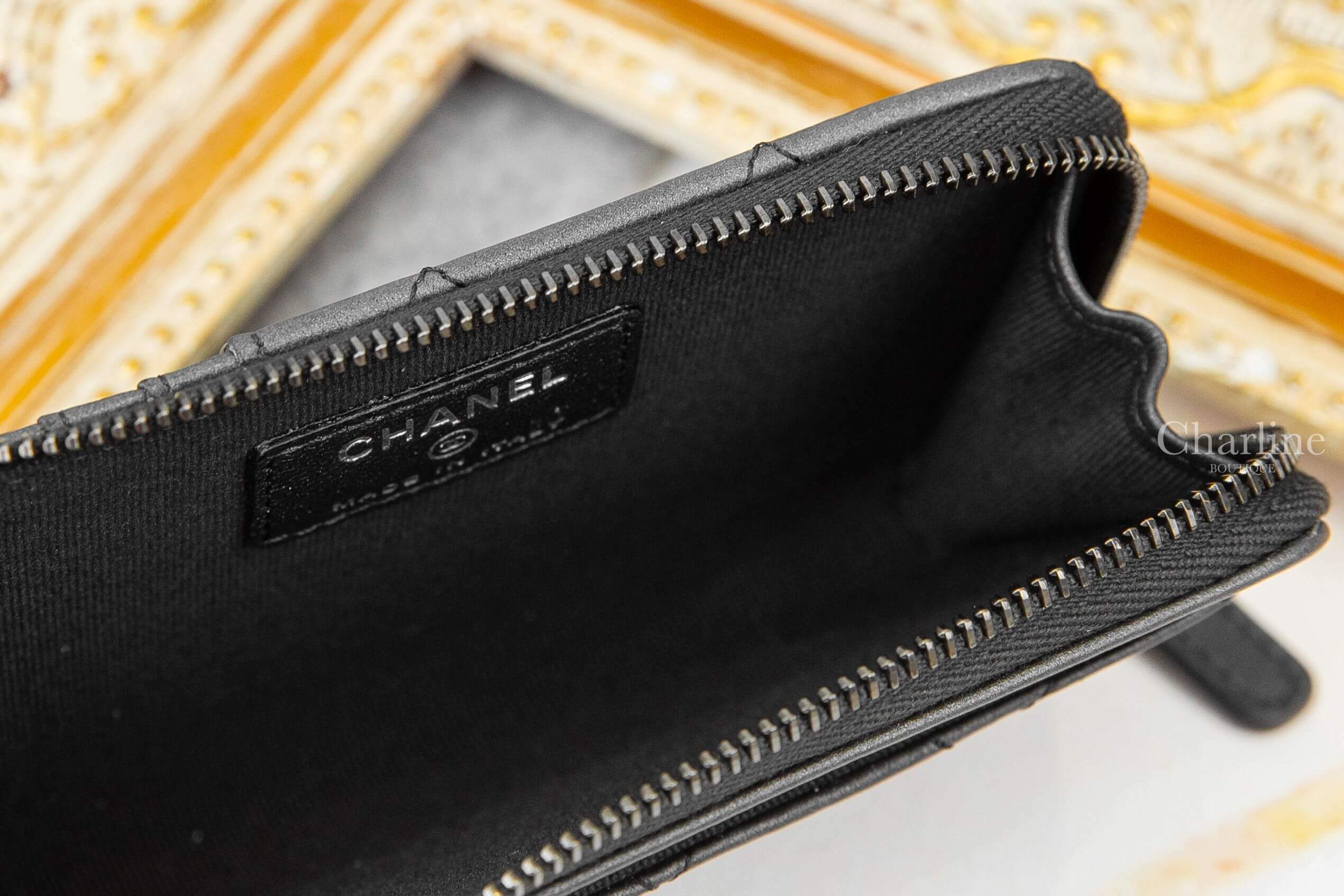 Chanel Card Holder 黑色黑CC菱格紋小羊皮卡片拉鍊零錢夾-Charline Boutique 精品代購