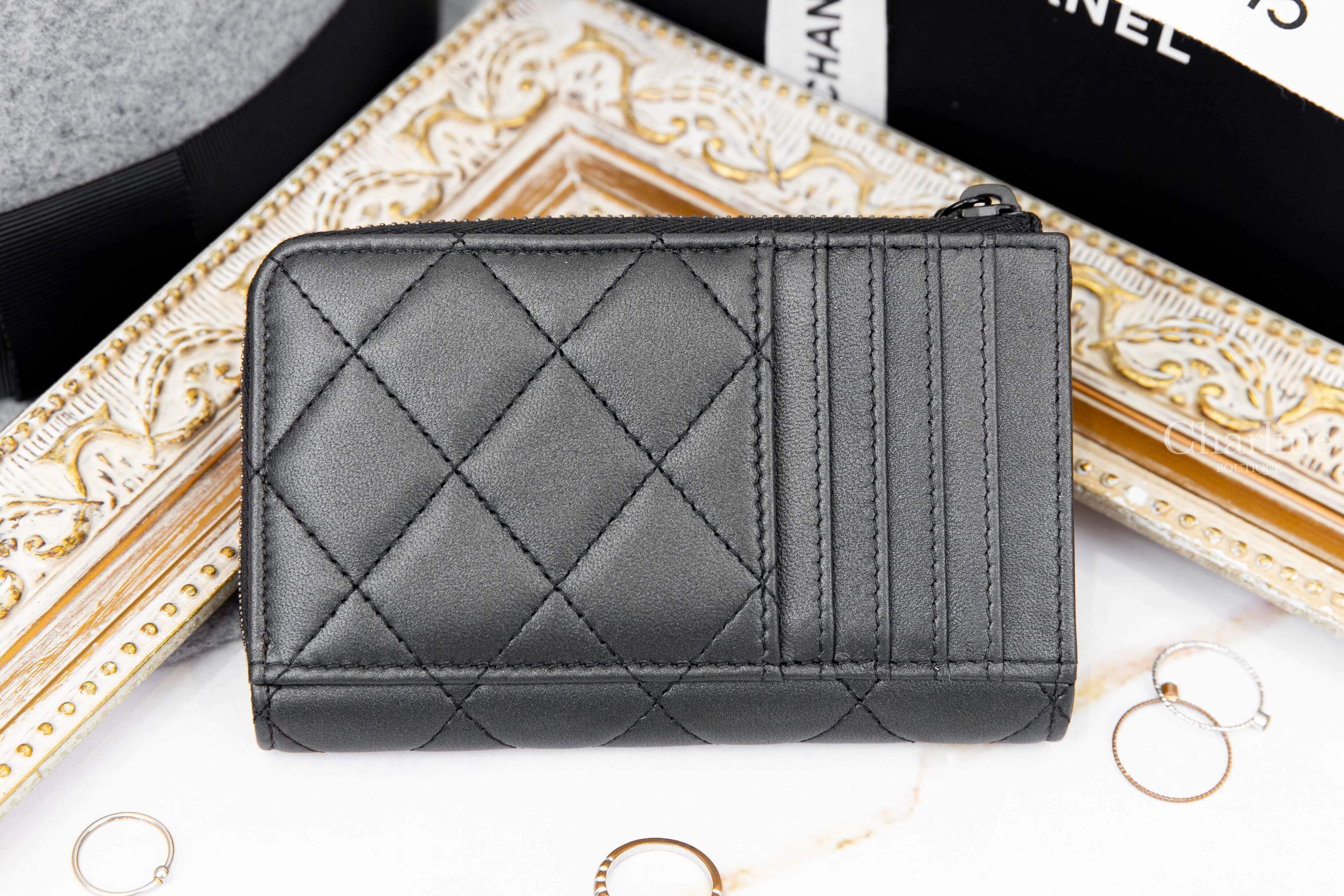 Chanel Card Holder 黑色黑CC菱格紋小羊皮卡片拉鍊零錢夾-Charline Boutique 精品代購
