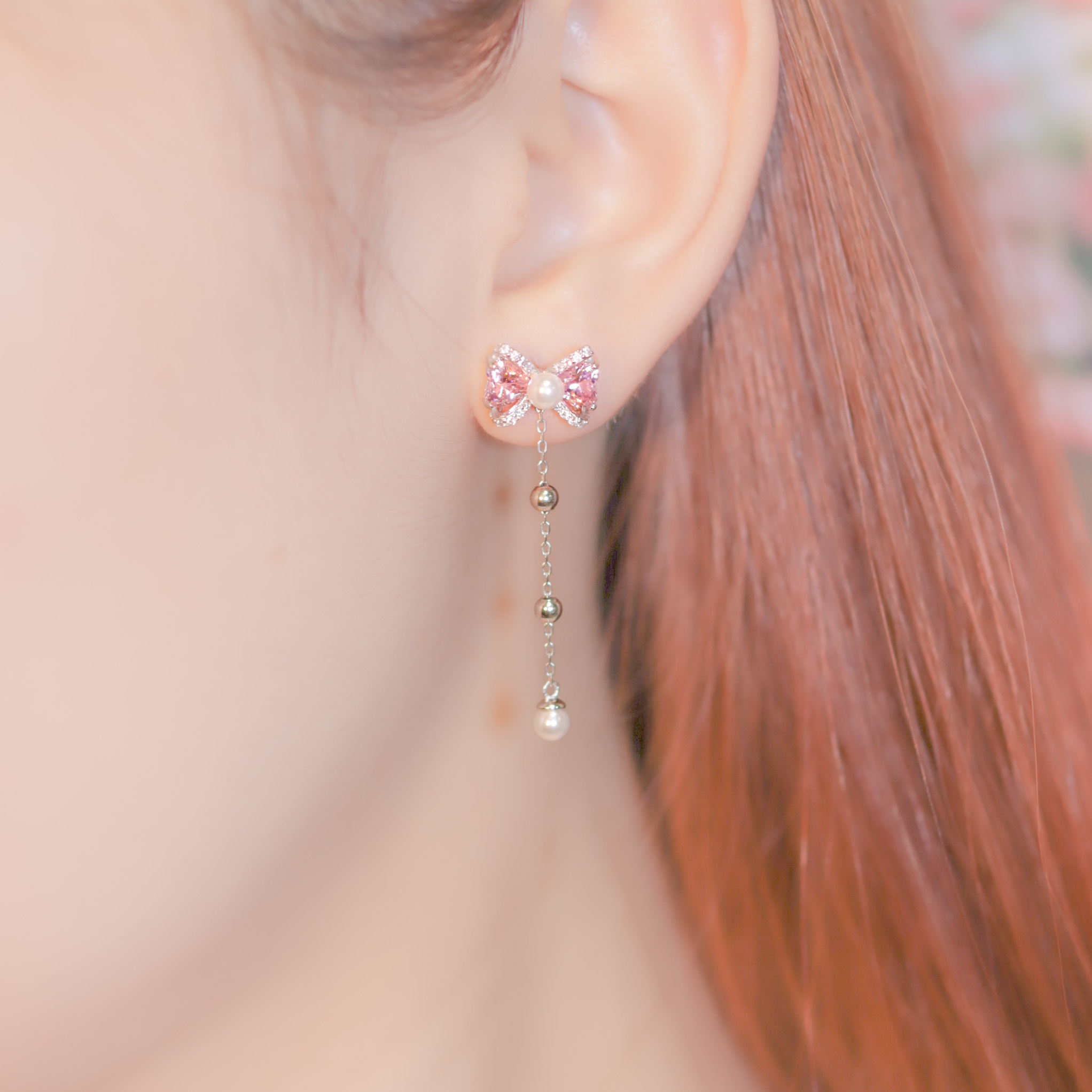 | 925純銀・厚鍍白金・ 珍珠 | 水晶糖蝴蝶結耳環 | EA0671 |