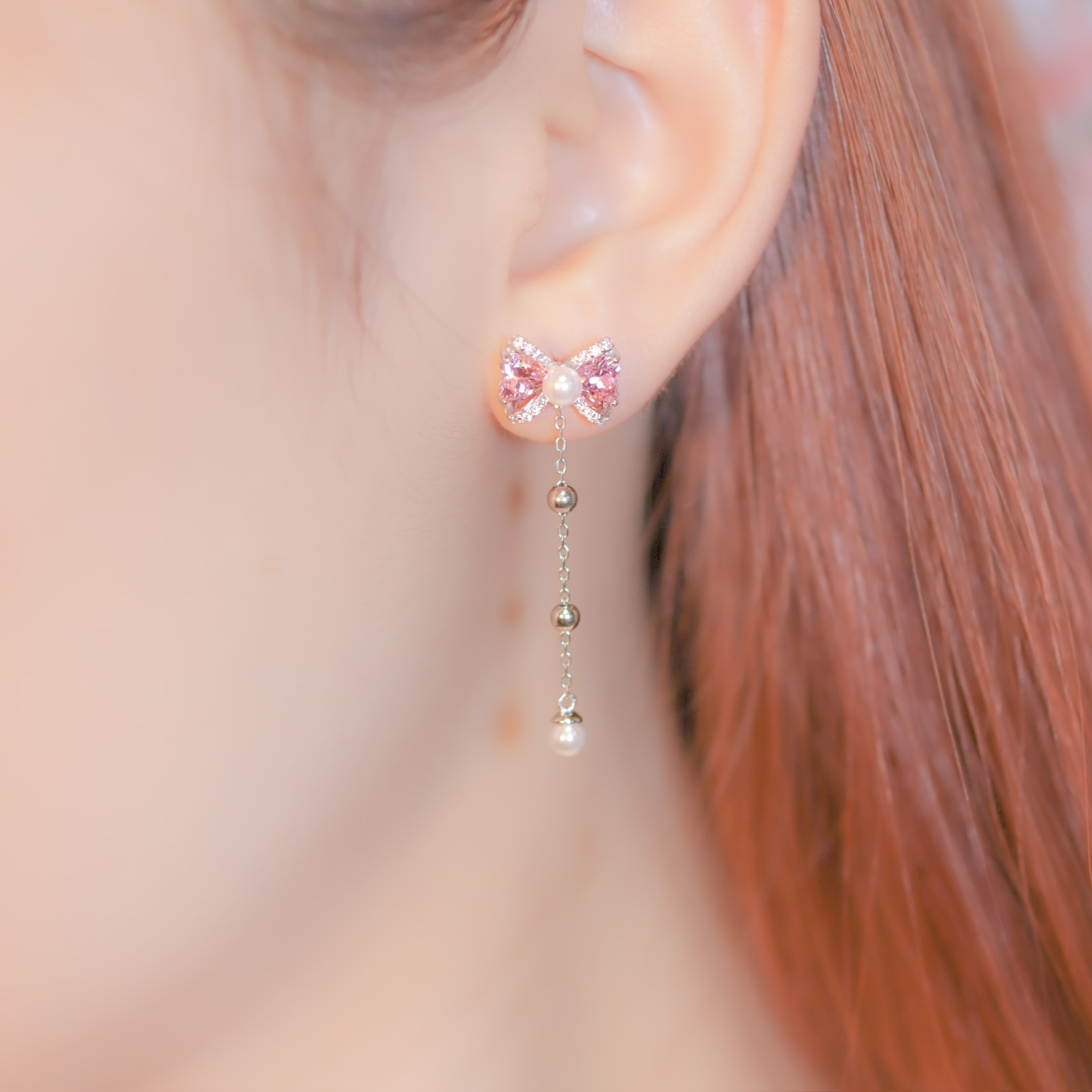 | 925純銀・厚鍍白金・ 珍珠 | 水晶糖蝴蝶結耳環 | EA0671 |