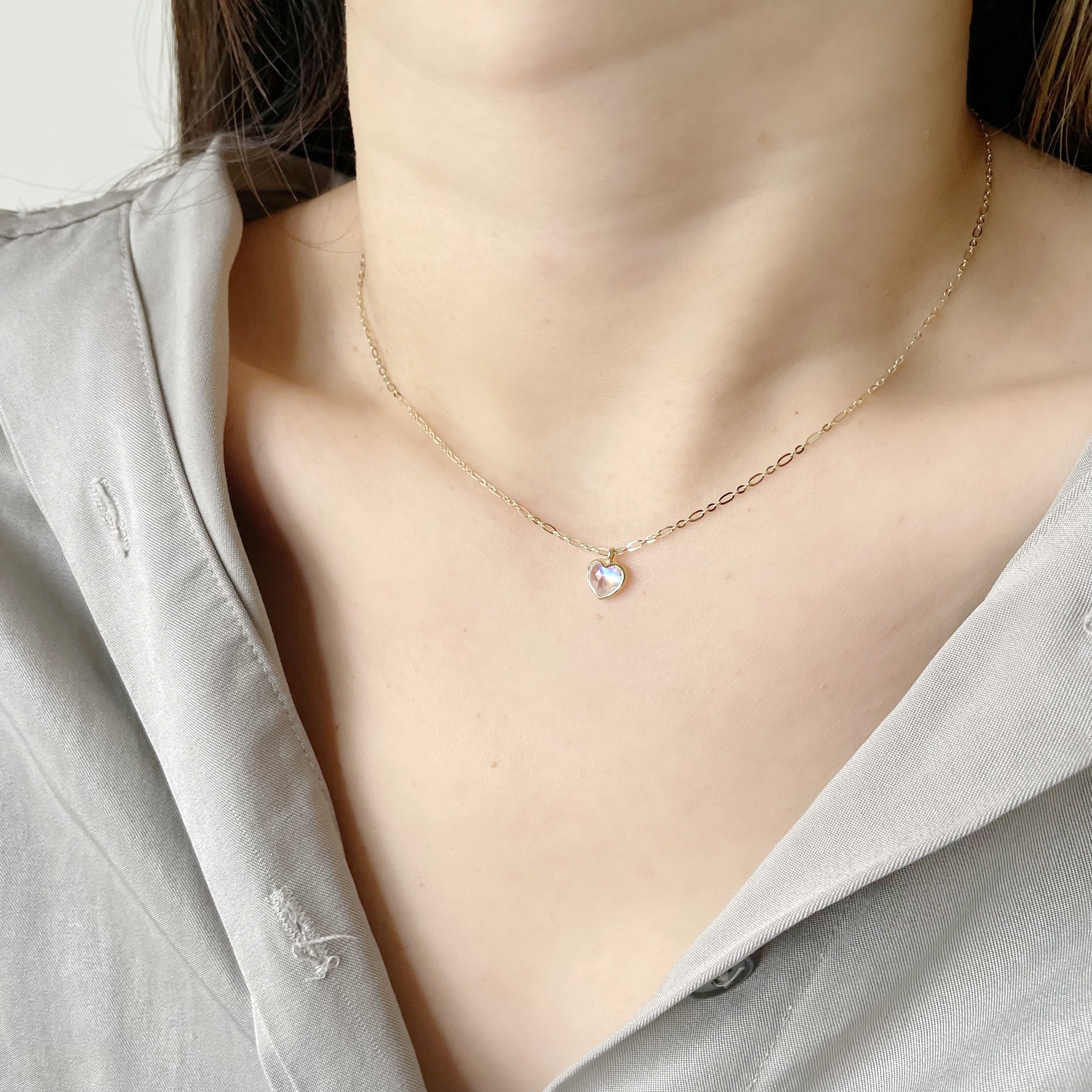 14K Bazel Heart月光石figaro項鍊