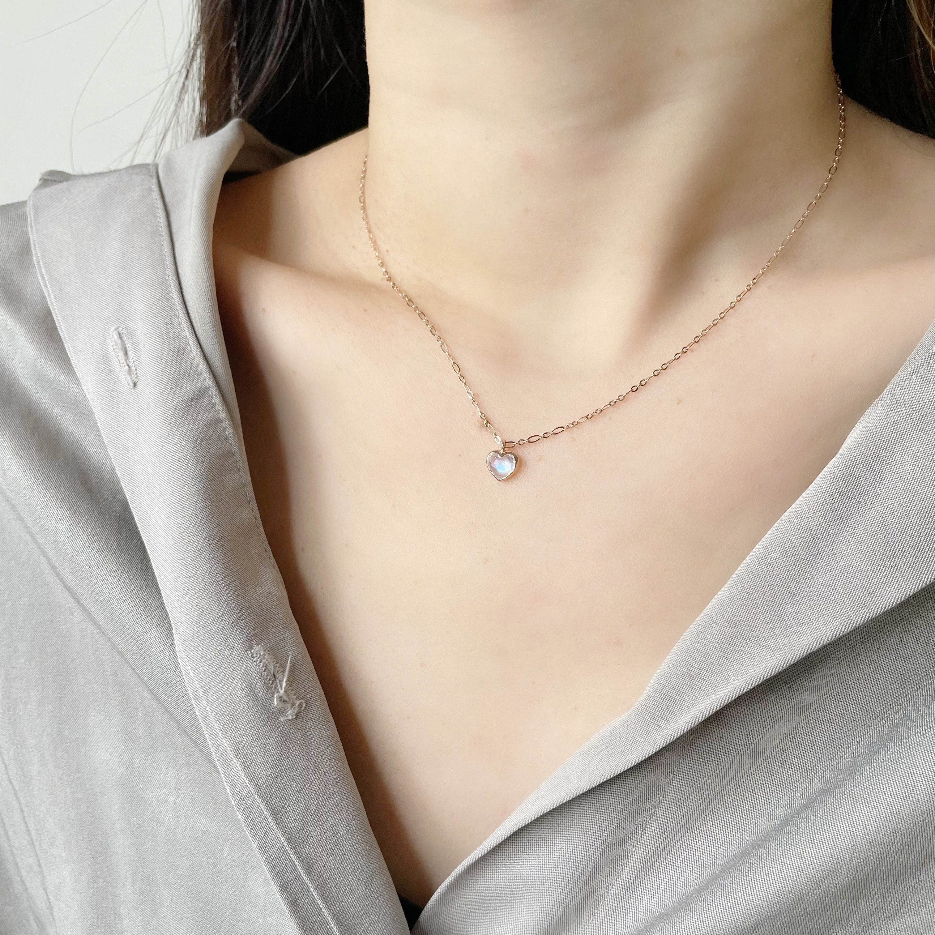 14K Bazel Heart月光石figaro項鍊