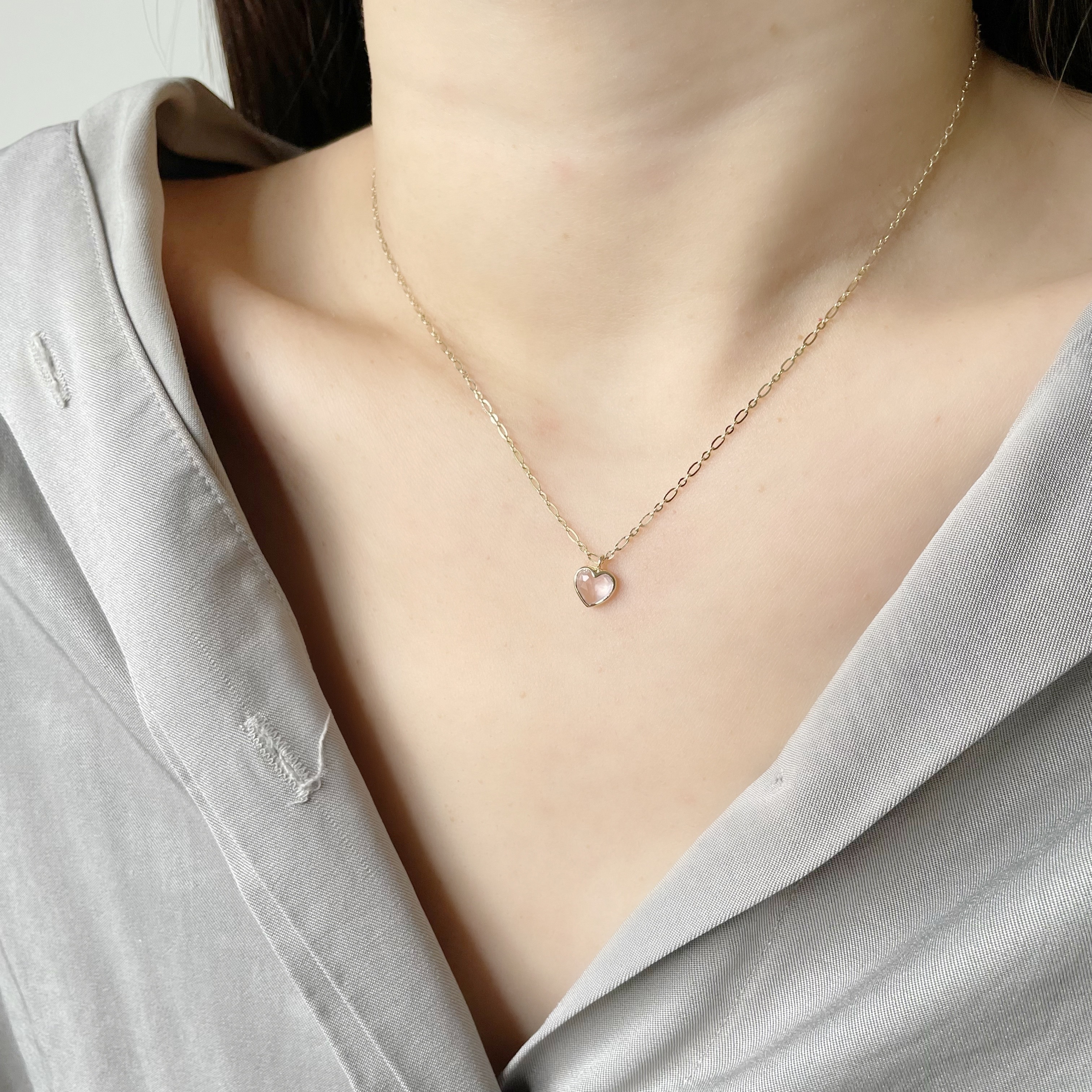 14K Bazel Heart粉晶figaro項鍊