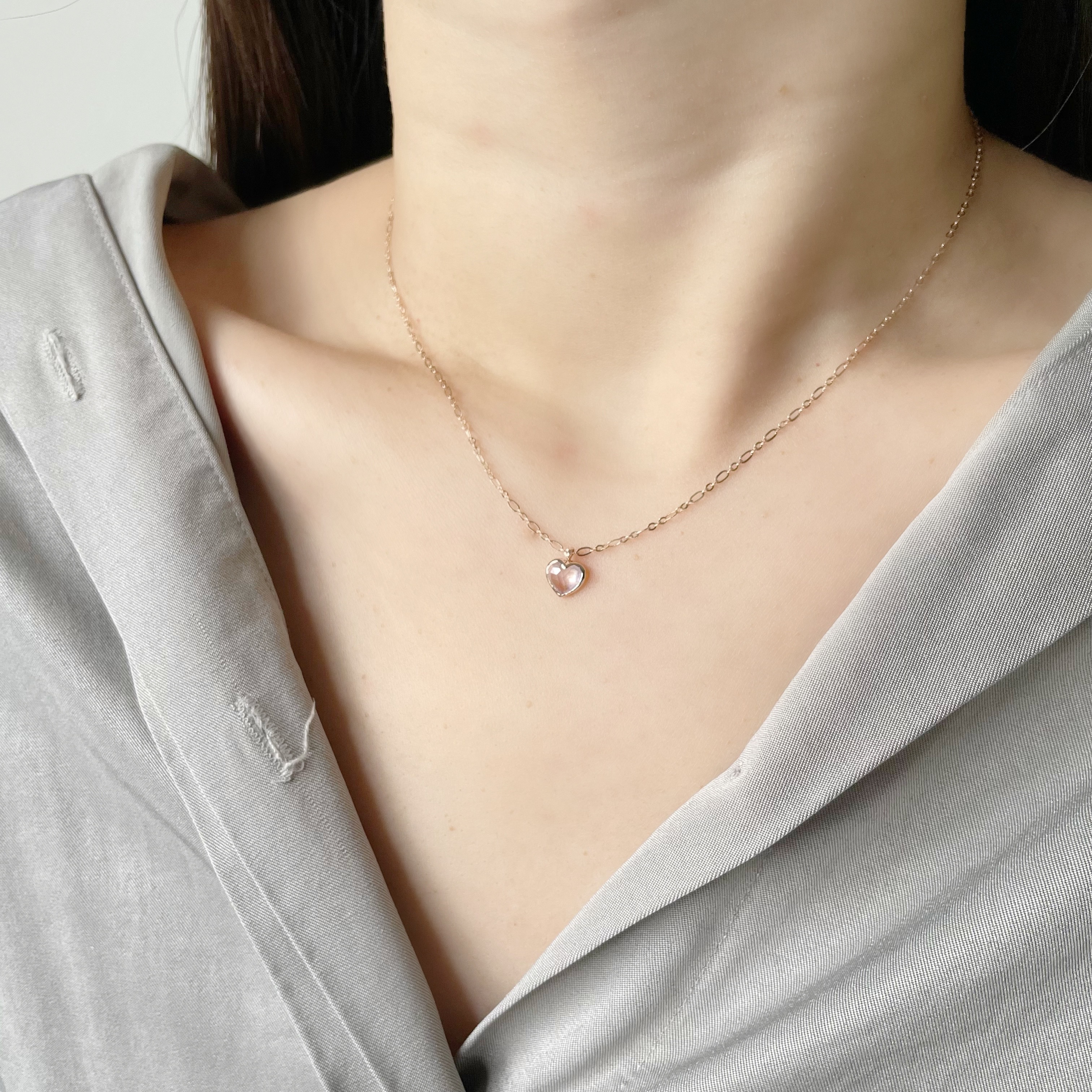 14K Bazel Heart粉晶figaro項鍊