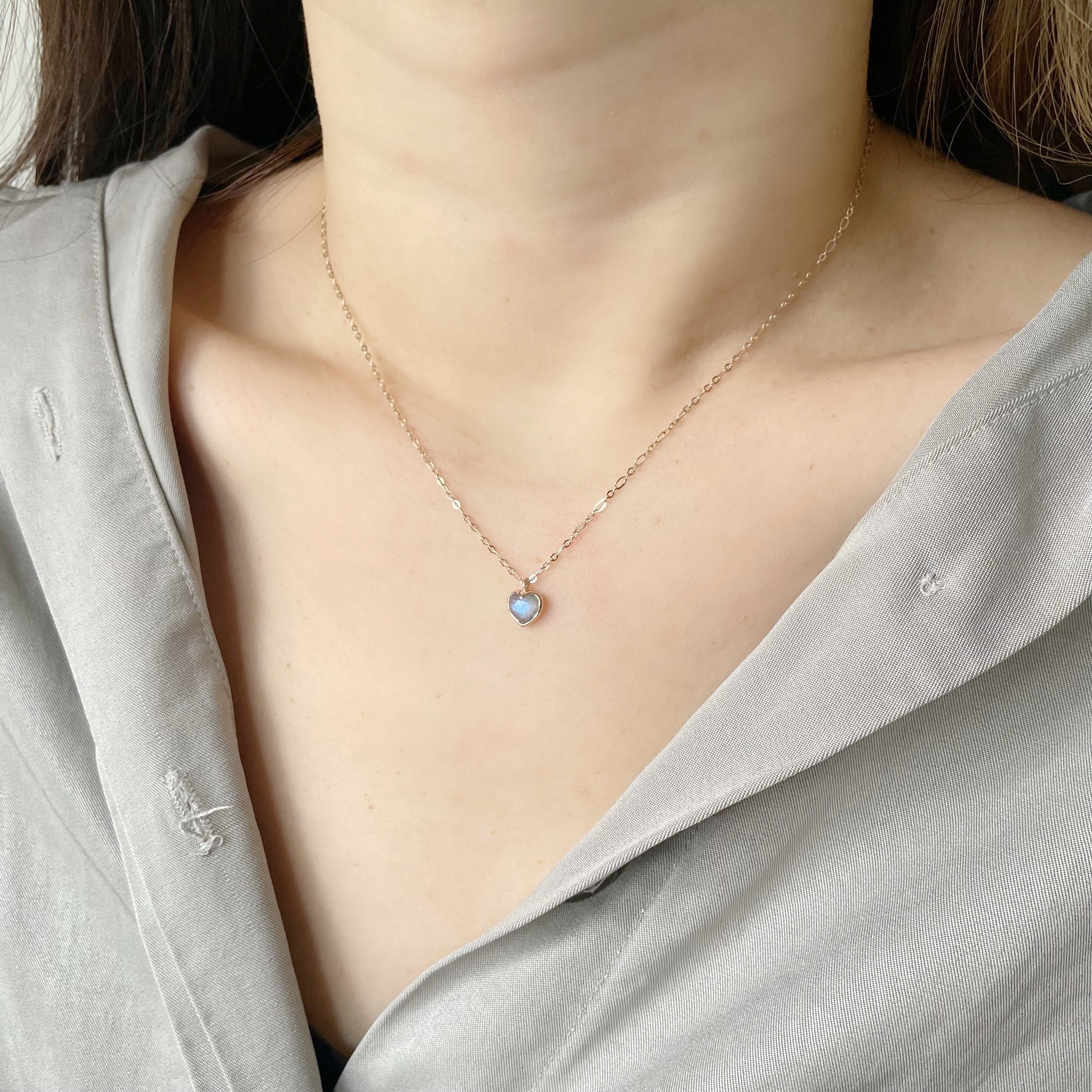 14K Bazel Heart拉長石figaro項鍊