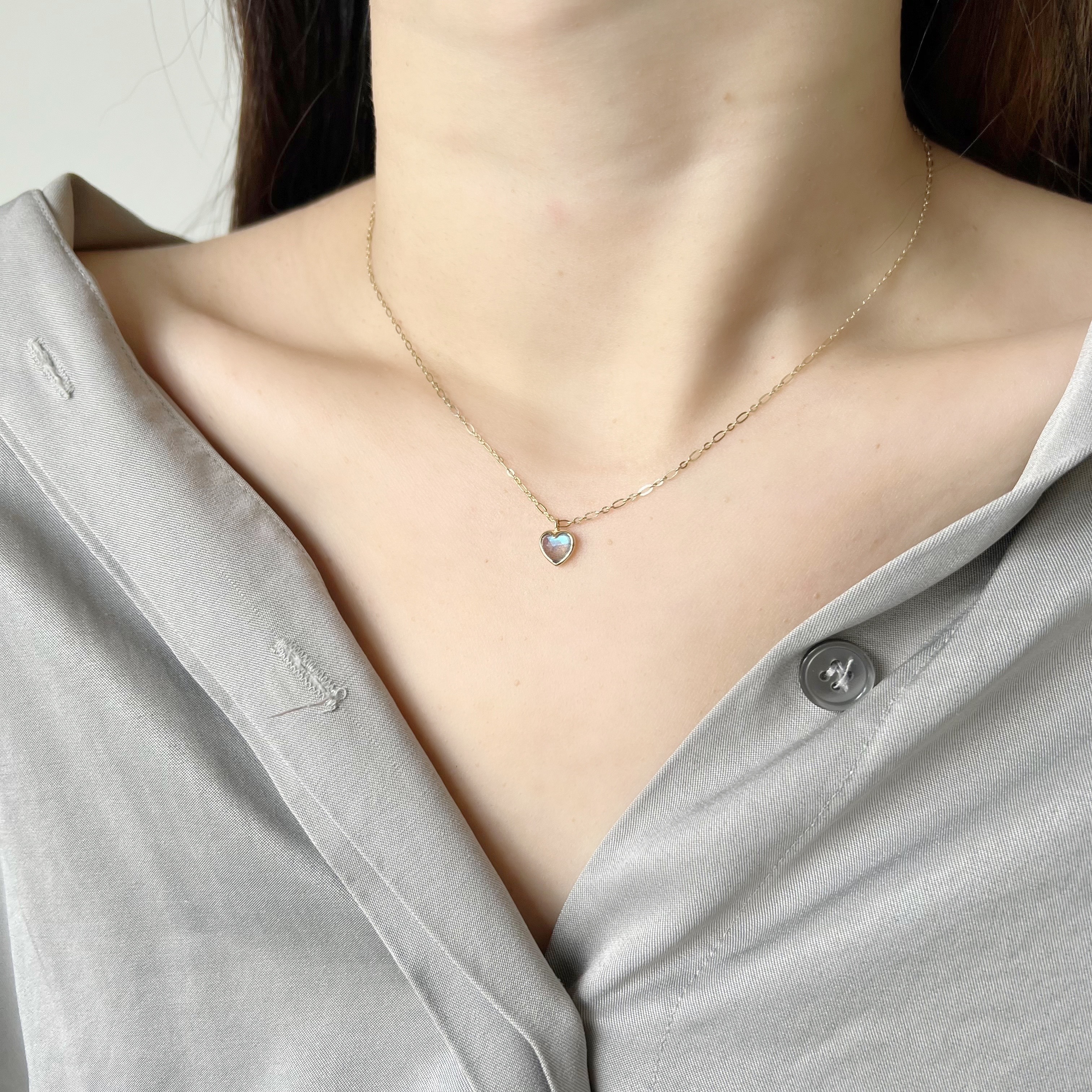 14K Bazel Heart拉長石figaro項鍊
