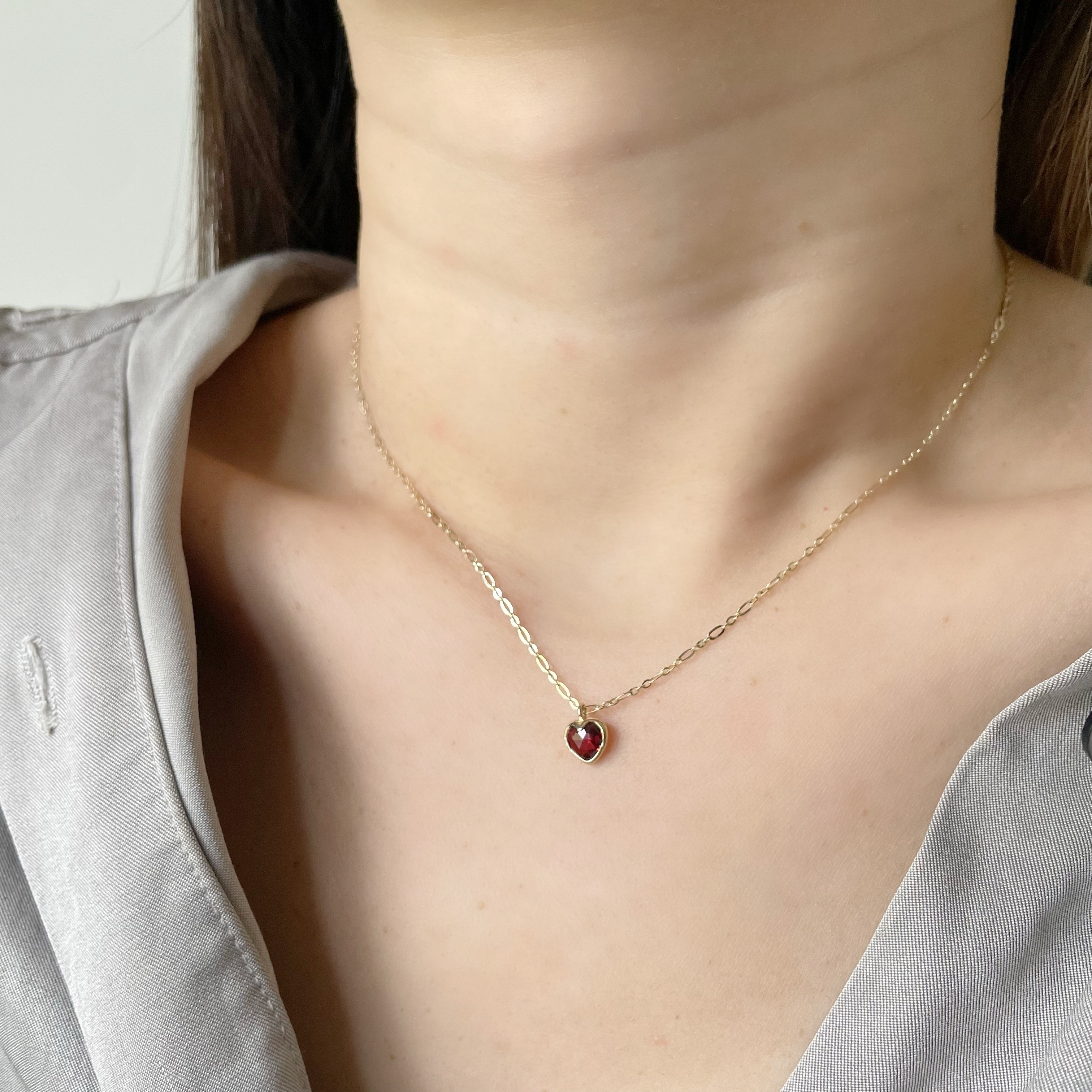 14K Bazel Heart石榴石figaro項鍊