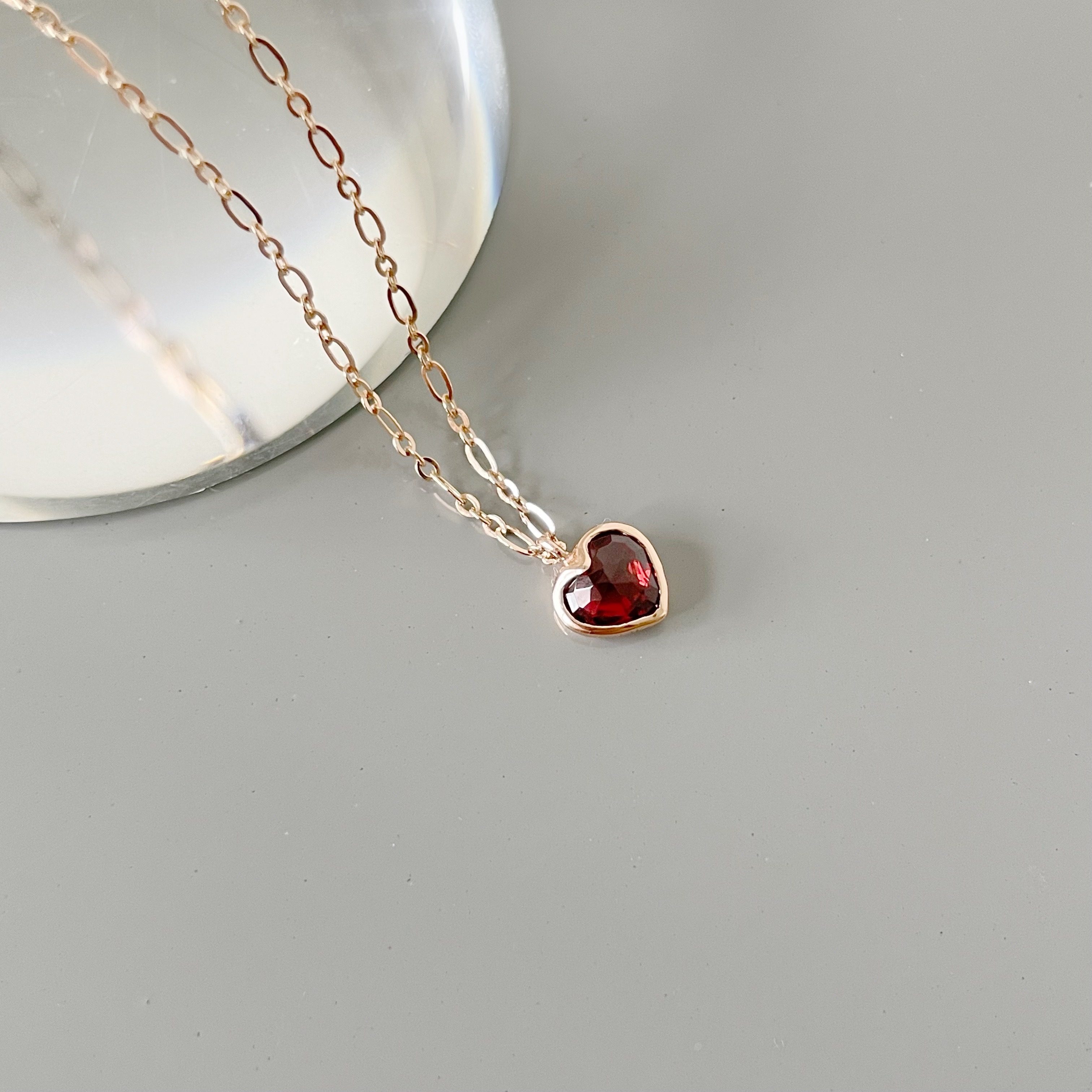 14K Bazel Heart石榴石figaro項鍊