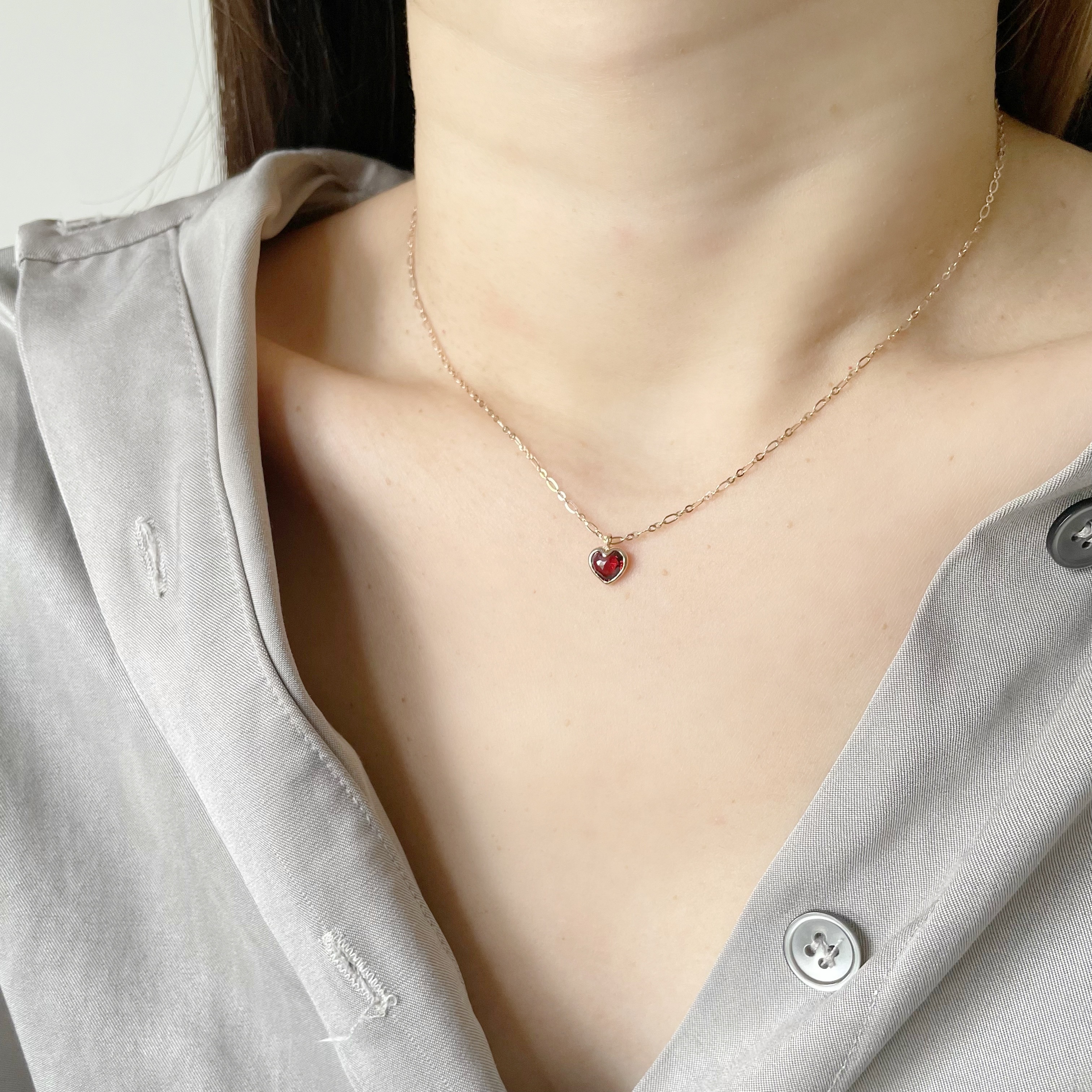 14K Bazel Heart石榴石figaro項鍊