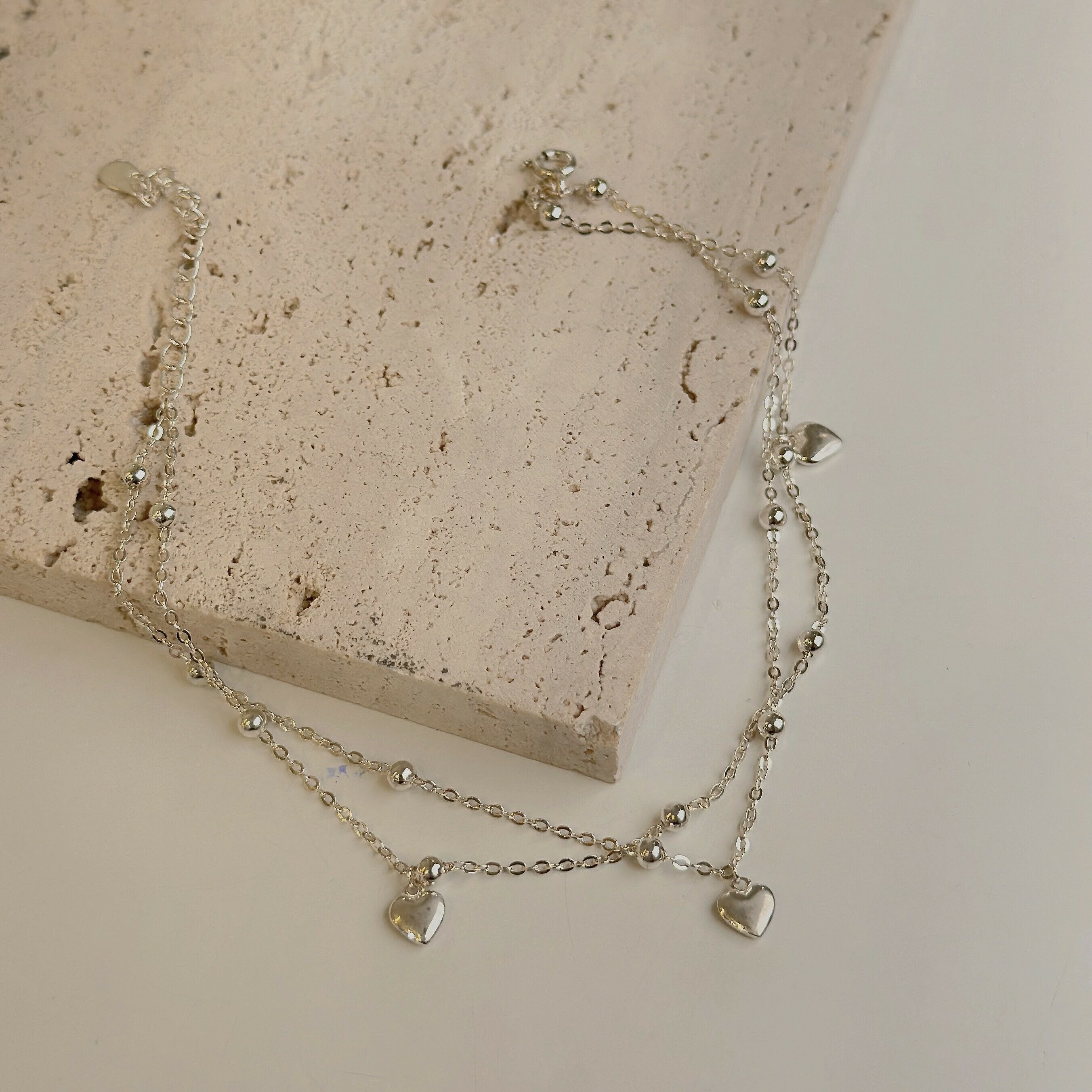 【腳鍊】滿心．愛心小球雙層純銀腳鍊