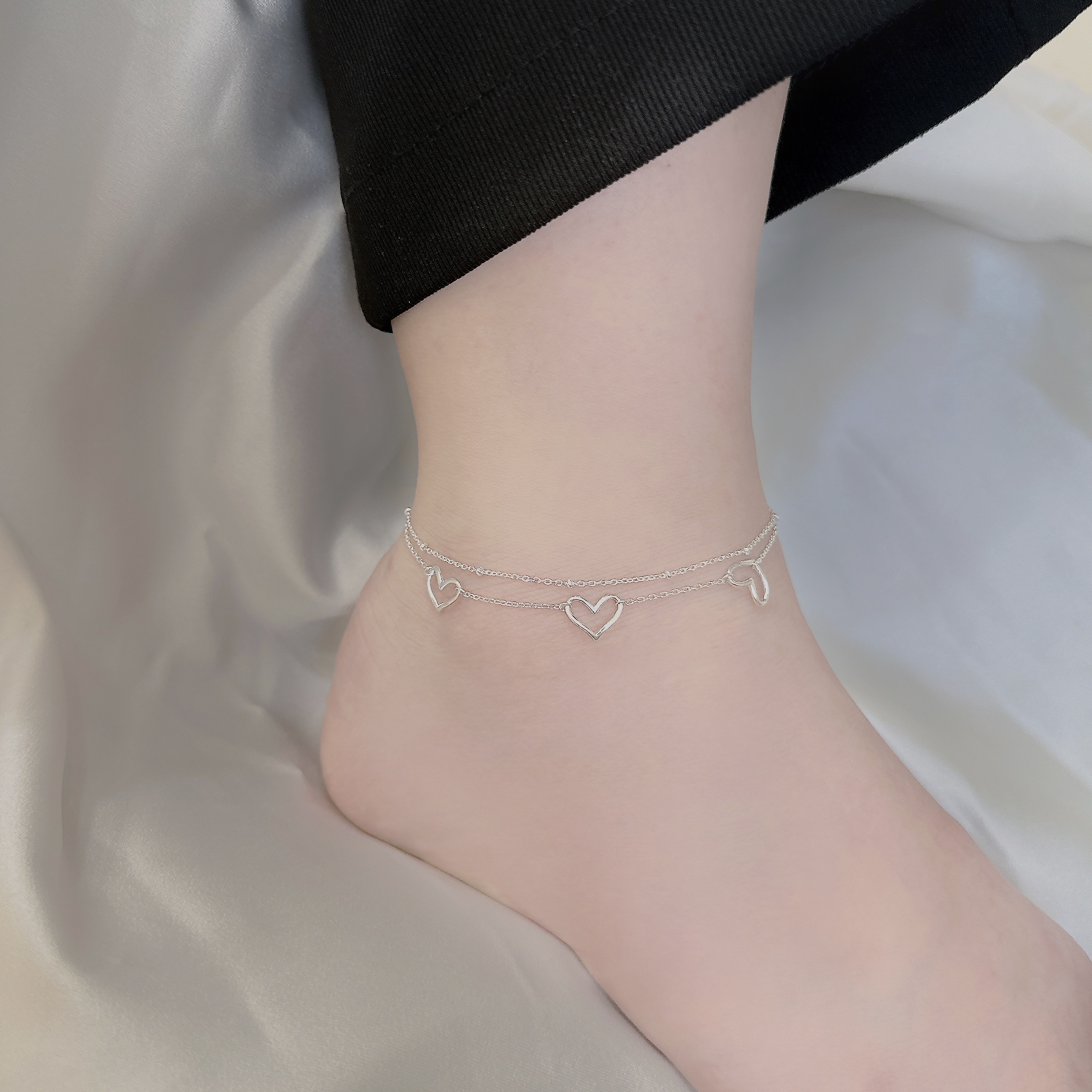 H132【腳鍊】心跳．愛心雙層純銀腳鍊