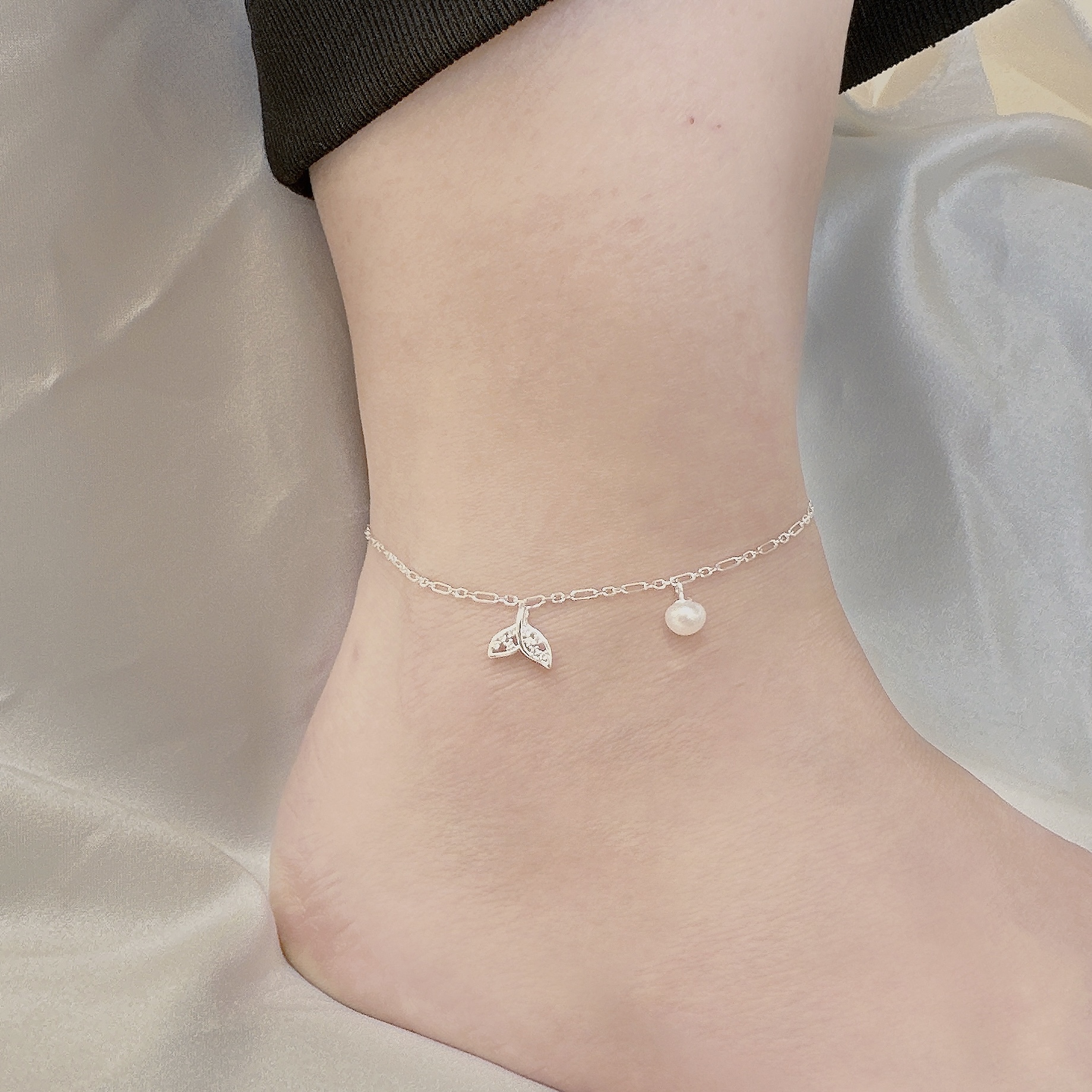 【腳鍊】海洋．魚尾珍珠純銀腳鍊