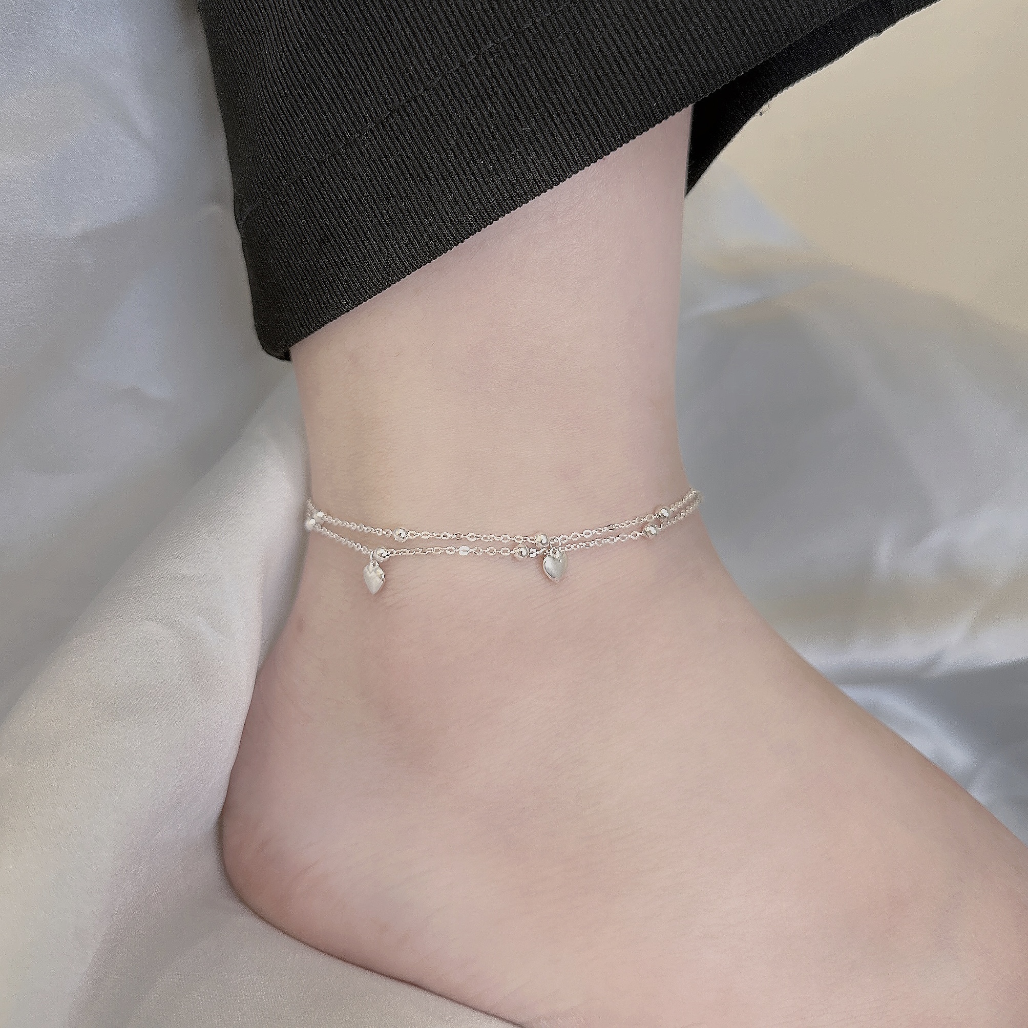 【腳鍊】滿心．愛心小球雙層純銀腳鍊