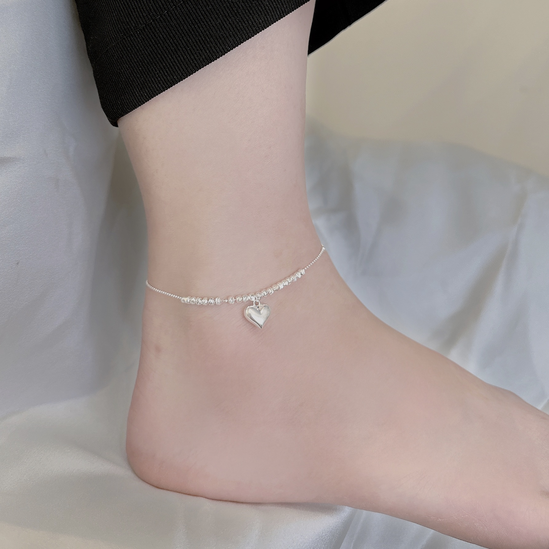 【腳鍊】癡心．愛心切割小球純銀腳鍊