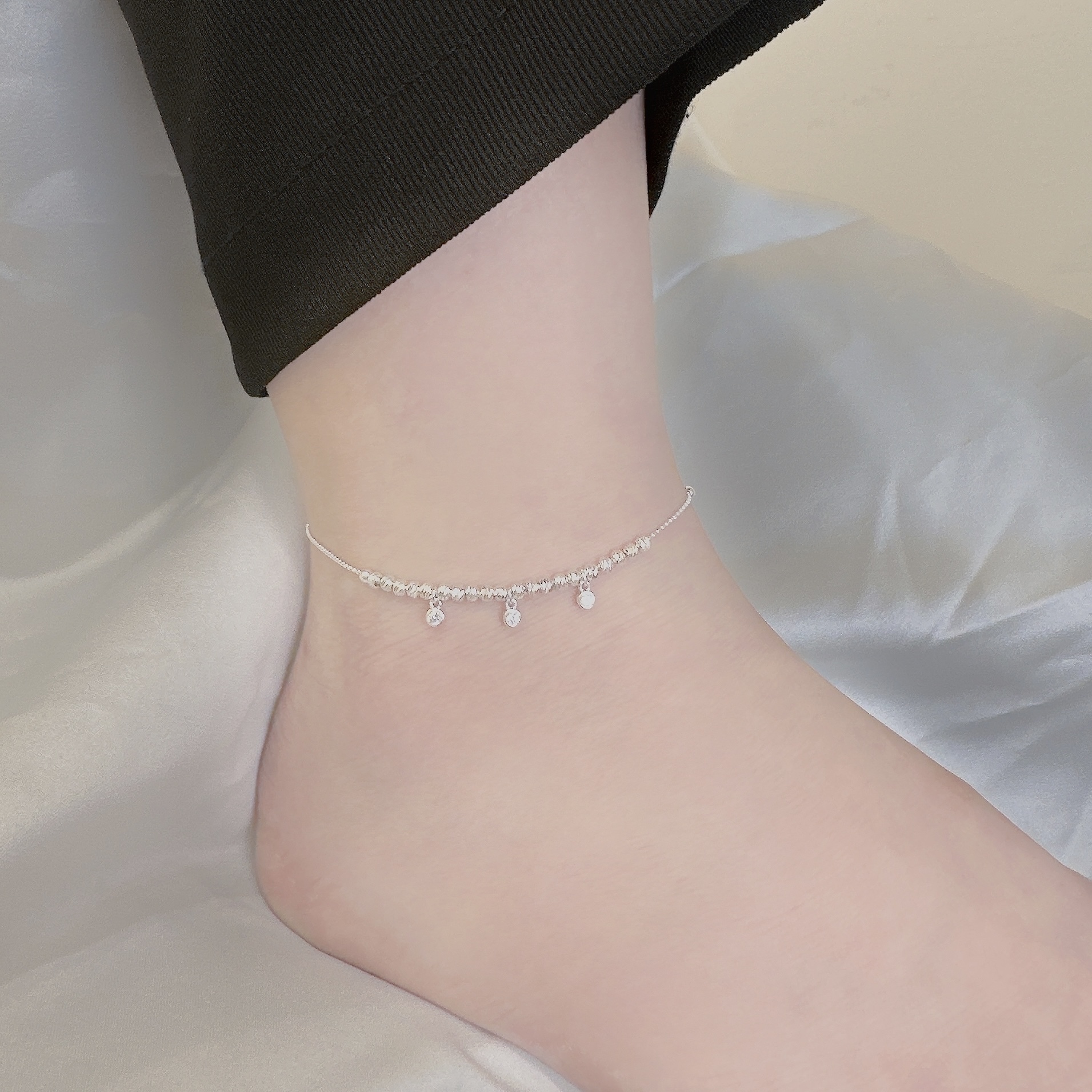 【腳鍊】依偎．小鑽切割小球純銀腳鍊