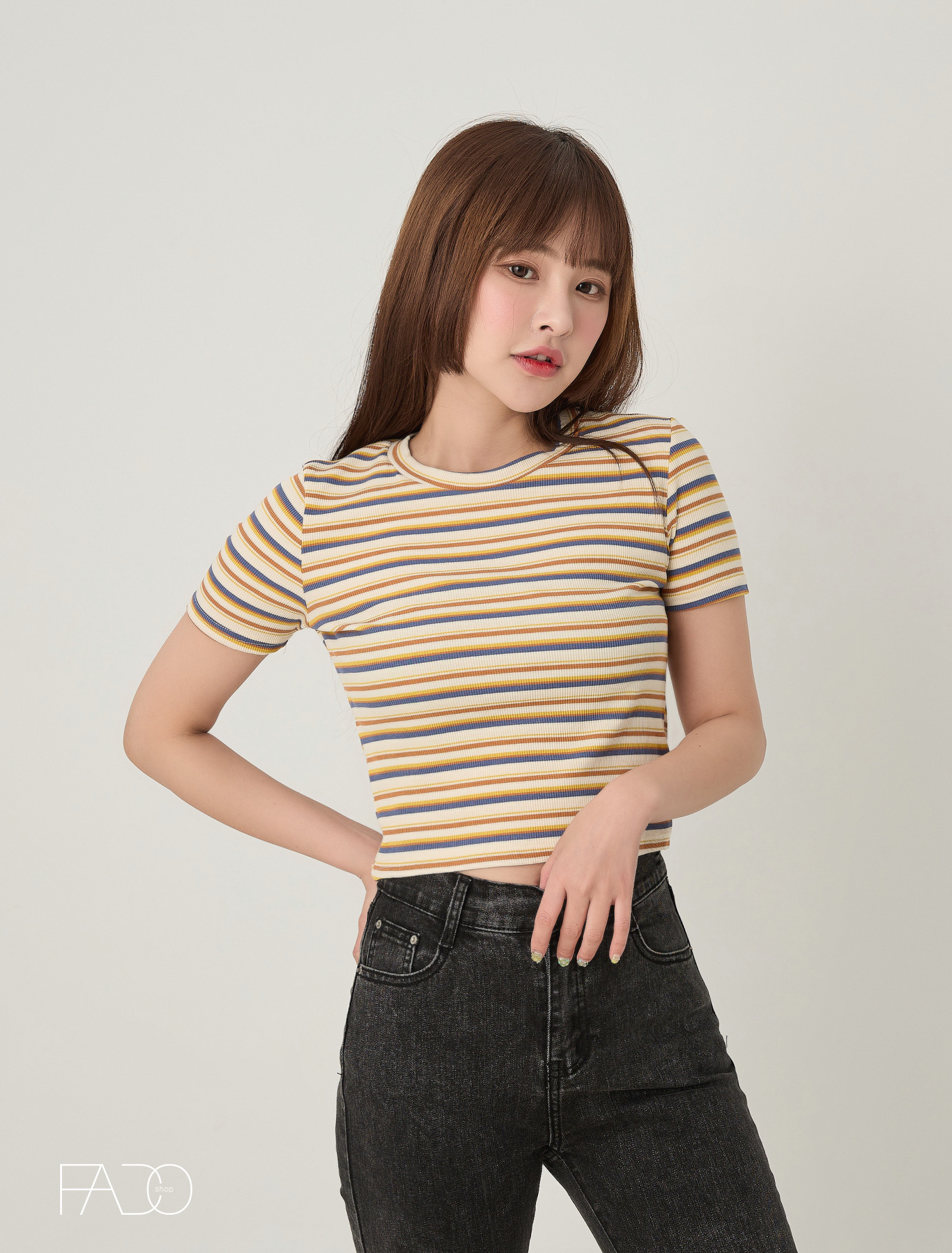 法朵Fado Shop｜撞色條紋短版彈力Tee 021B053 三色