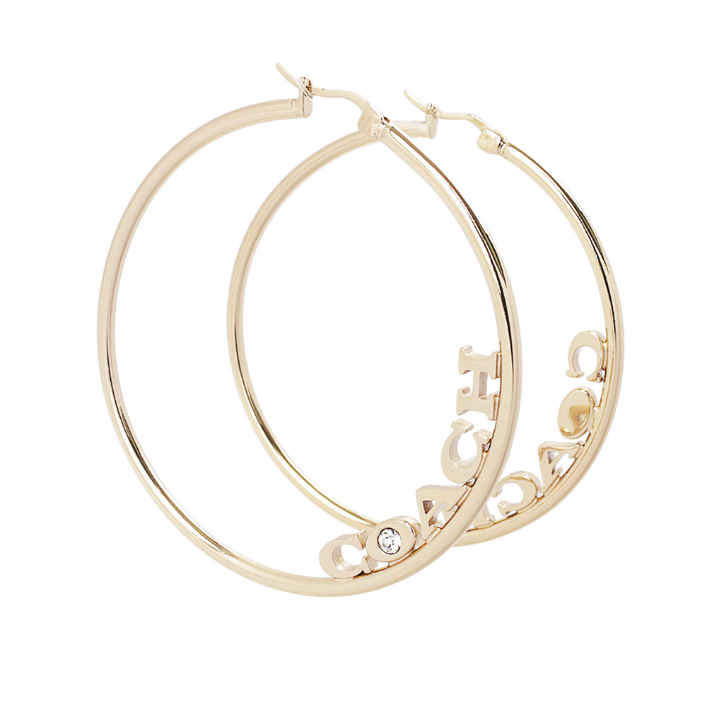 【COACH 】Logo 標誌及水鑽中型圓弧針式耳環(金色) C9111 GLD